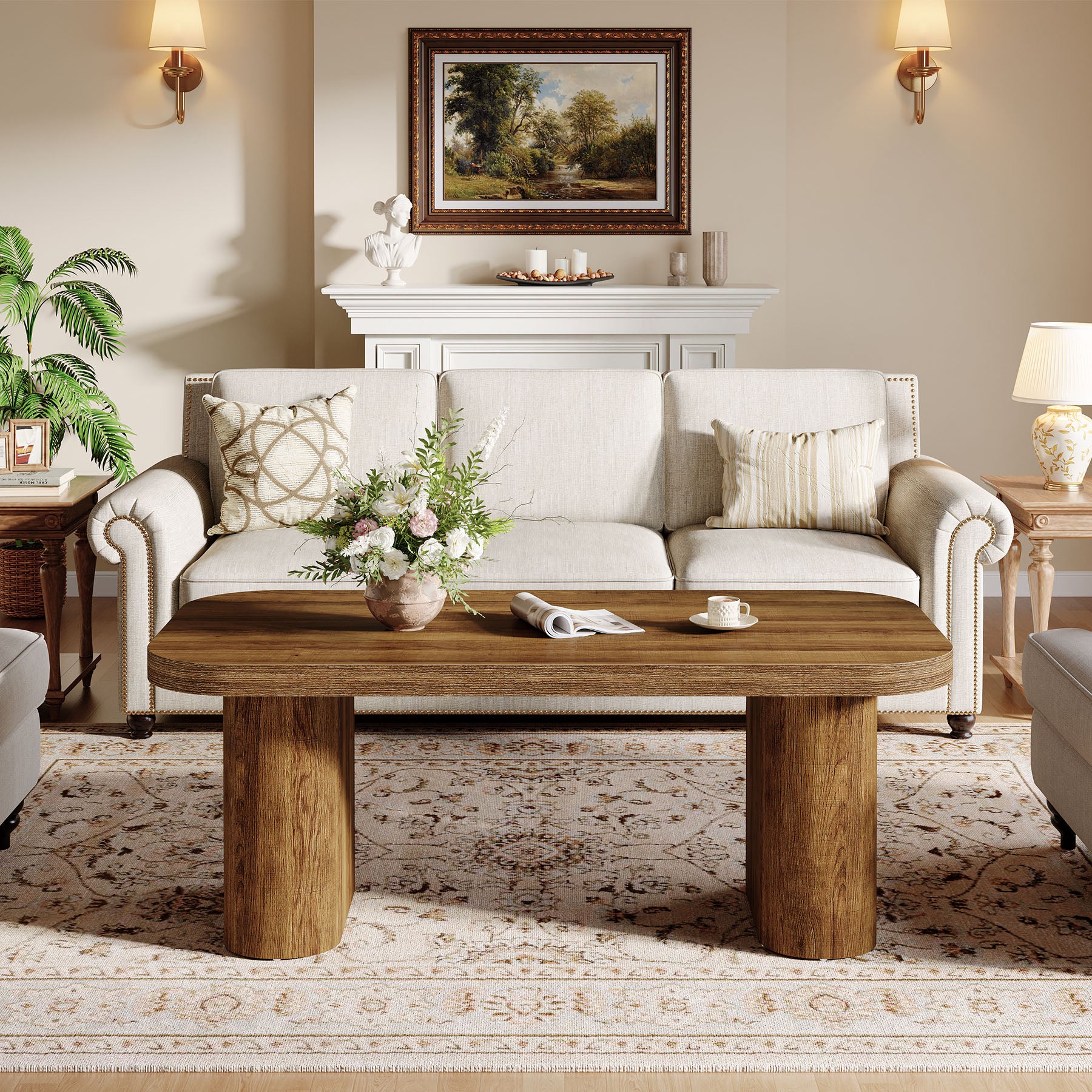 47" Rectangle Coffee Table, Farmhouse Center Table with Rounded Corners and Sturdy Base for Living Room