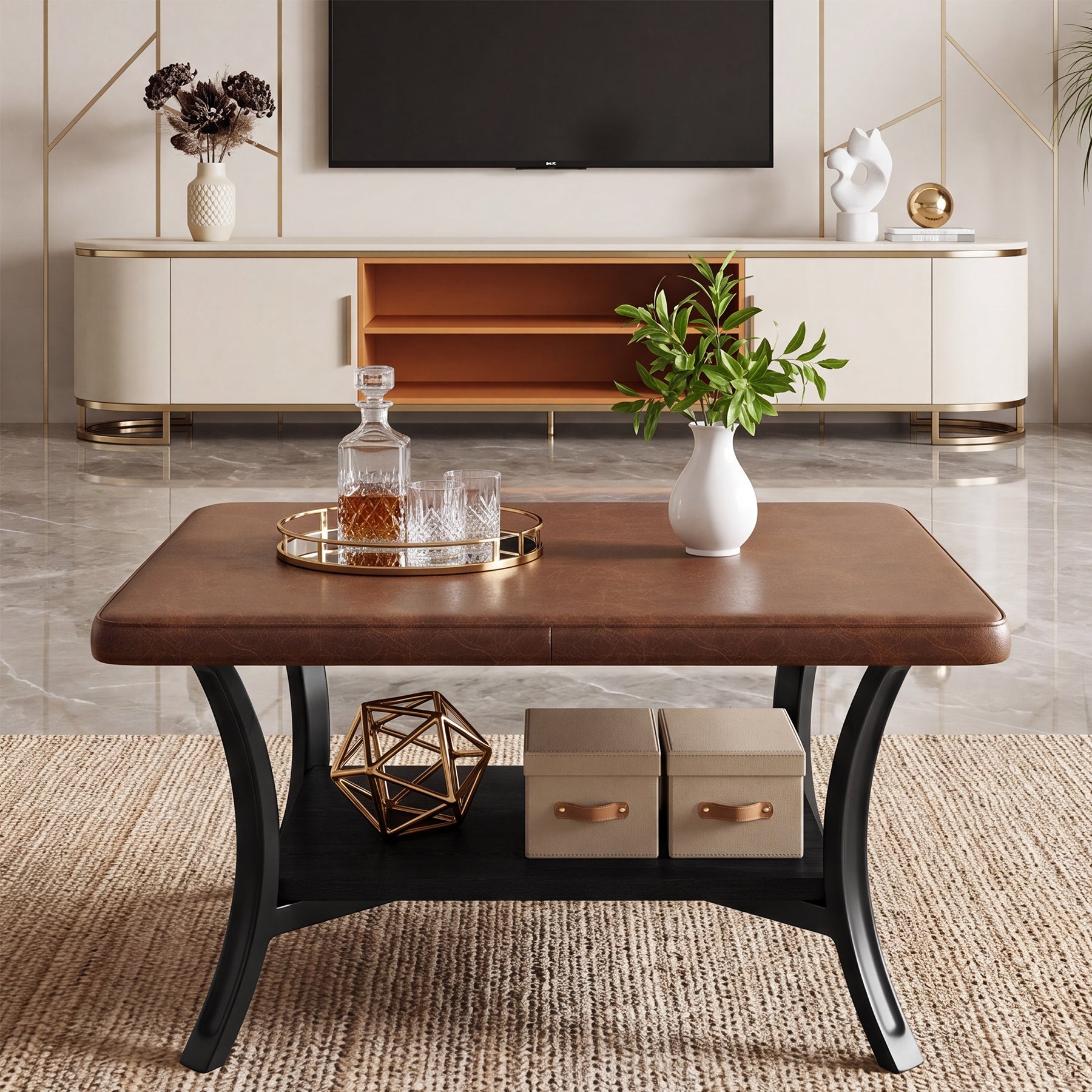 31.5-Inch Square Coffee Table, Upholstered Ottoman with PU Leather Top for Living Room