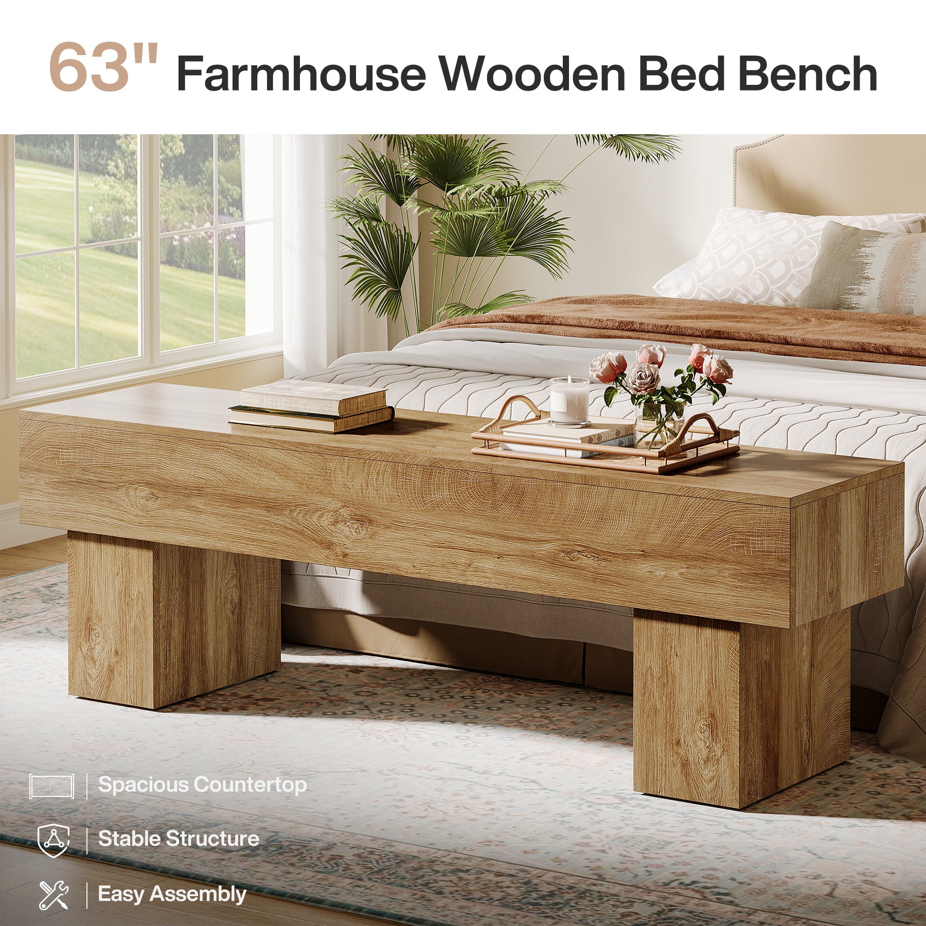 Tribesigns 62.99-Inch End of Bed Bench, Extra Long Farmhouse Wooden Bench with Shoe Storage for Bedroom