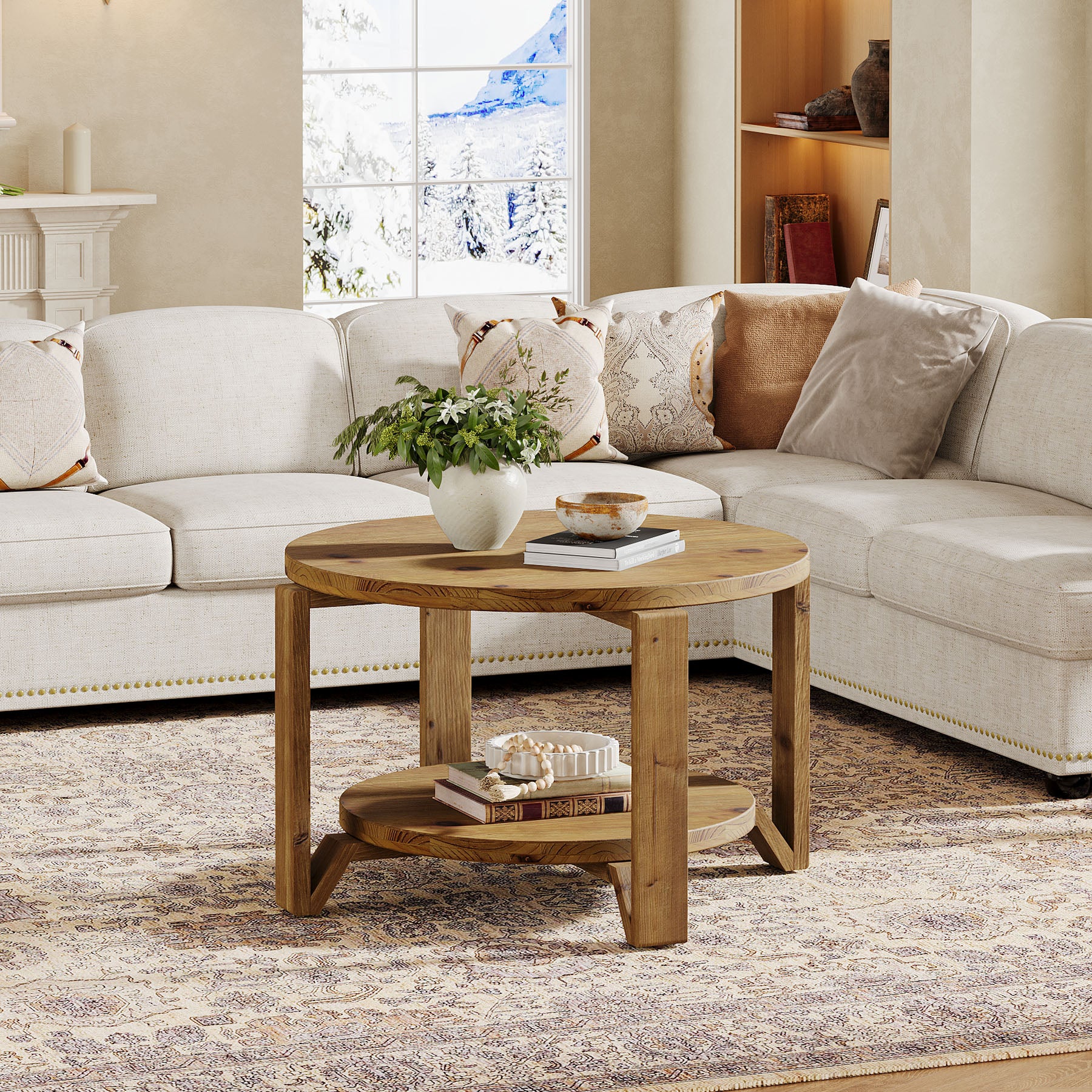 30" Solid Wood Round Coffee Table, Two-Tier Farmhouse Center Table with Natural Texture in Warm Brown