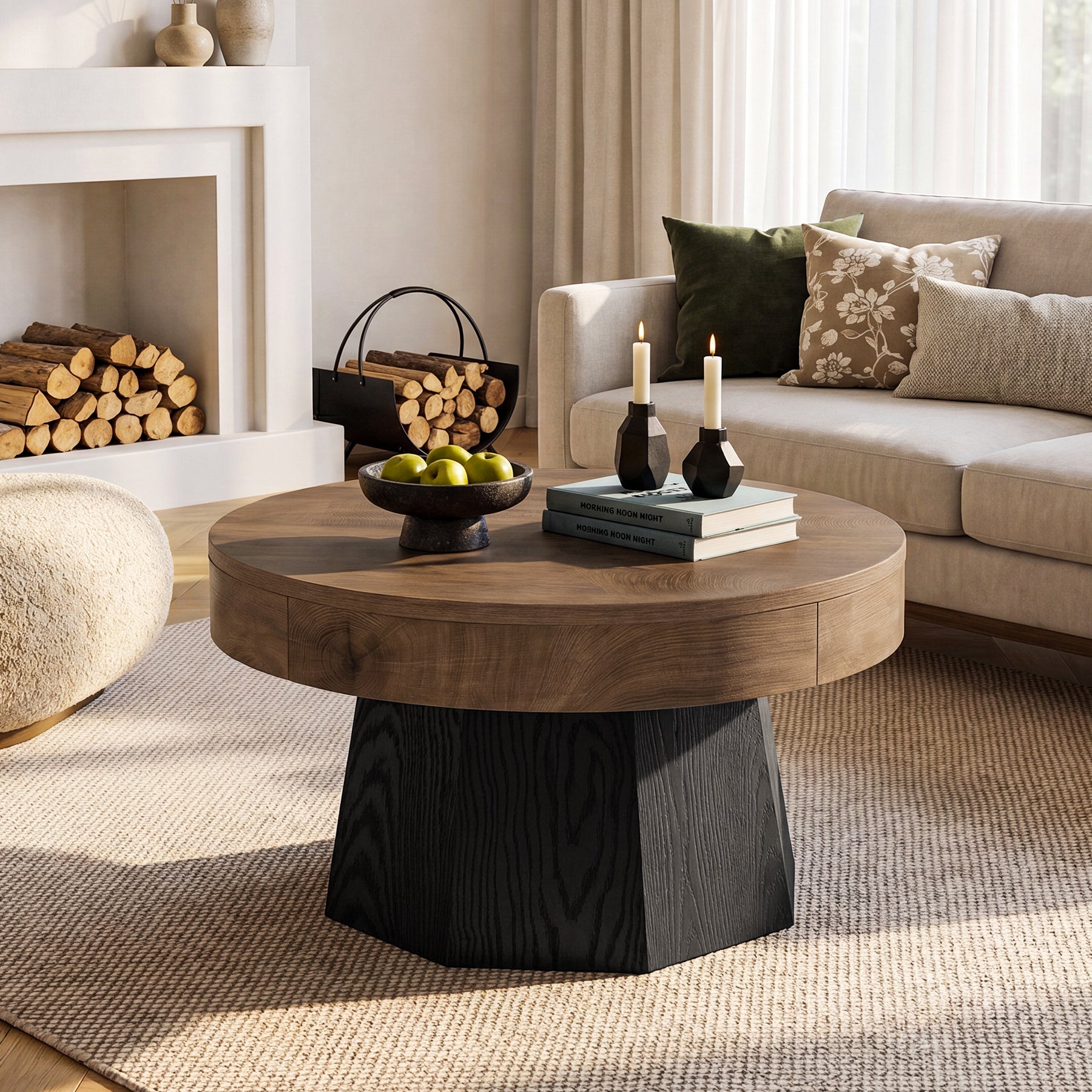 31.5-Inch Round Coffee Table with Octagonal Base, Modern Centre Table for Living Room