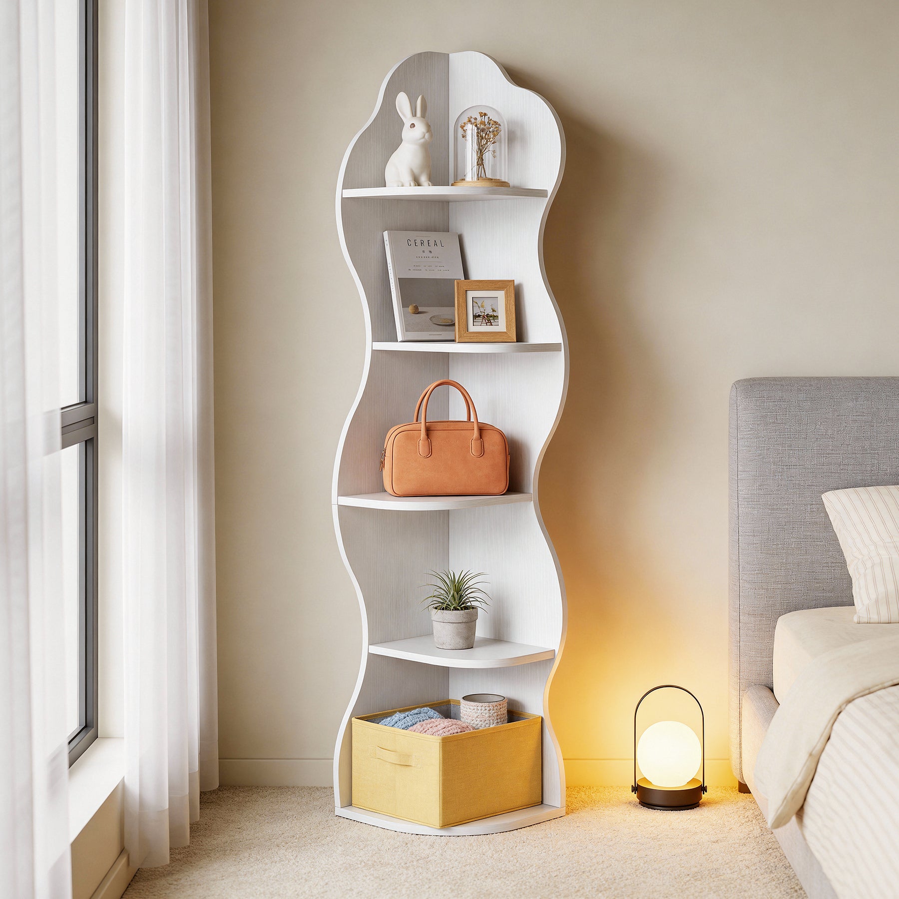 70-Inch White 5-Tier Corner Bookshelf, Tall Curvy Bookcase for Living Room and Small Spaces
