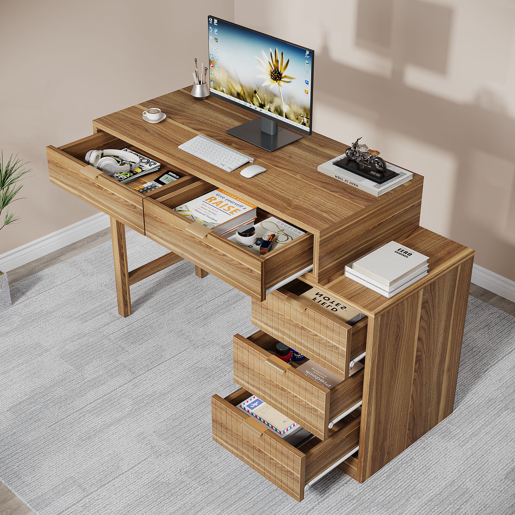 Reversible Computer Desk with 5 Drawers, Small Writing Desk for Home Office and Bedroom