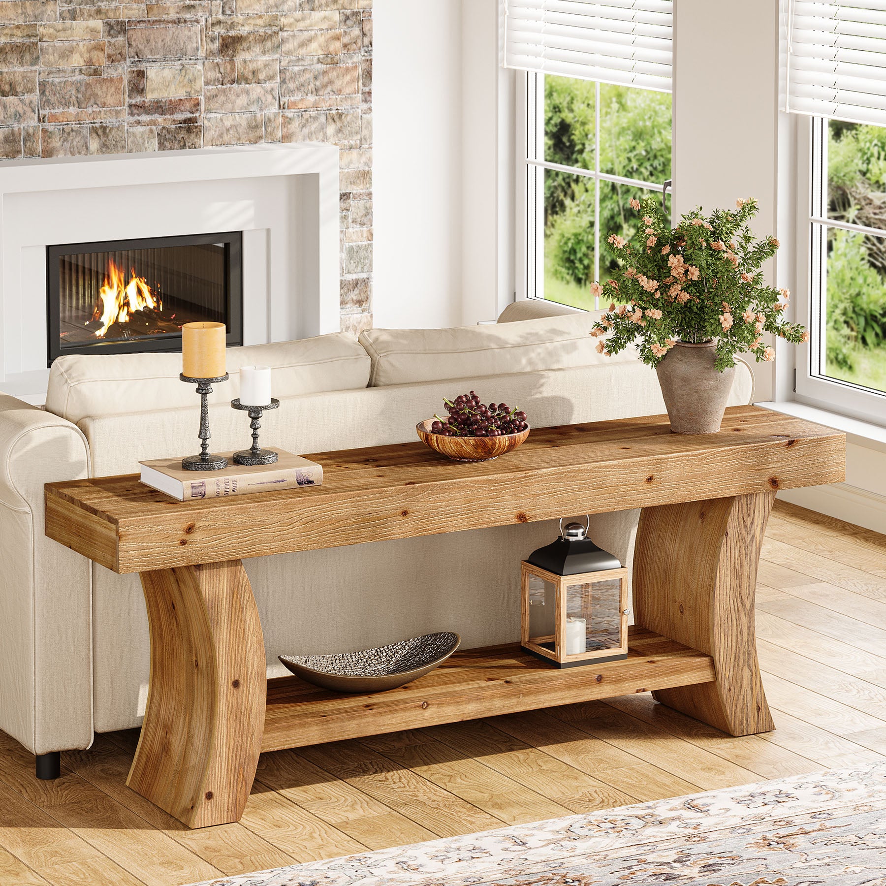 Tribesigns 63-Inch Solid Wood Console Table with Curved Legs and Storage Shelf, Farmhouse Sofa Table for Entryway Living Room and Behind Couch