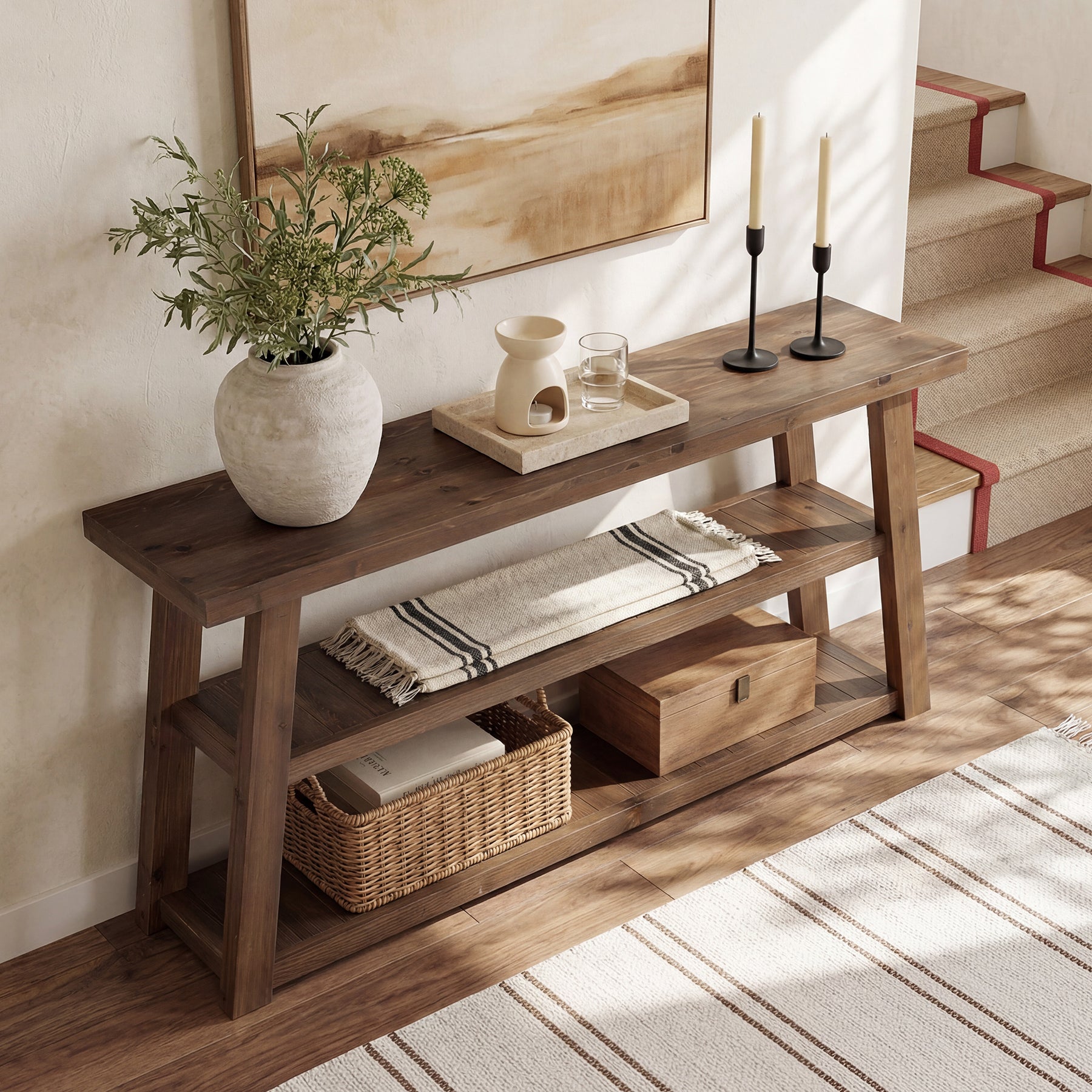 Tribesigns 62.99 Inch Solid Wood Console Table with 3-Tier Shelves, Farmhouse Hallway Table