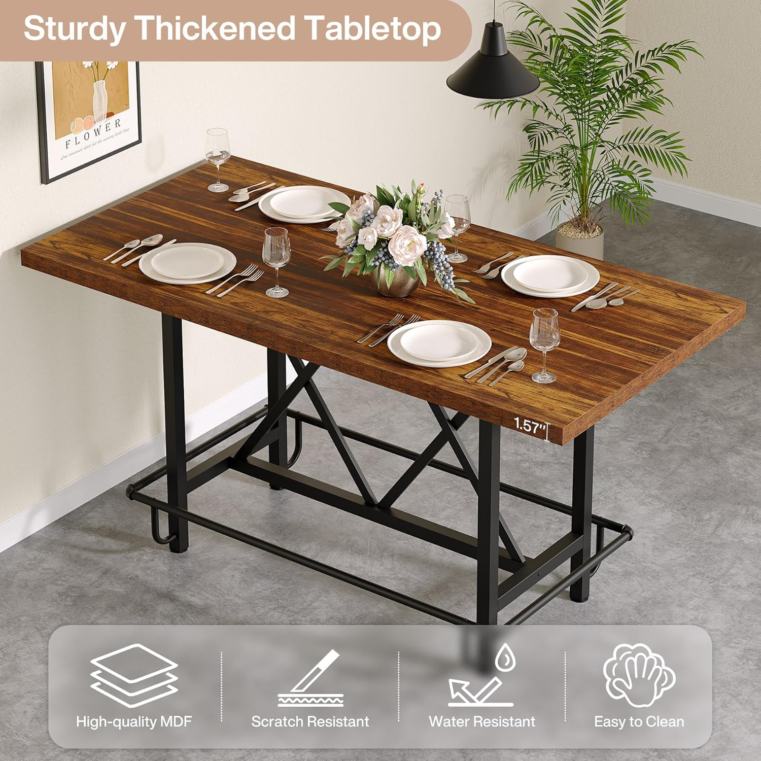 35" Counter Height Dining Table for 6 with Metal Footrest, Rectangular Rustic Brown