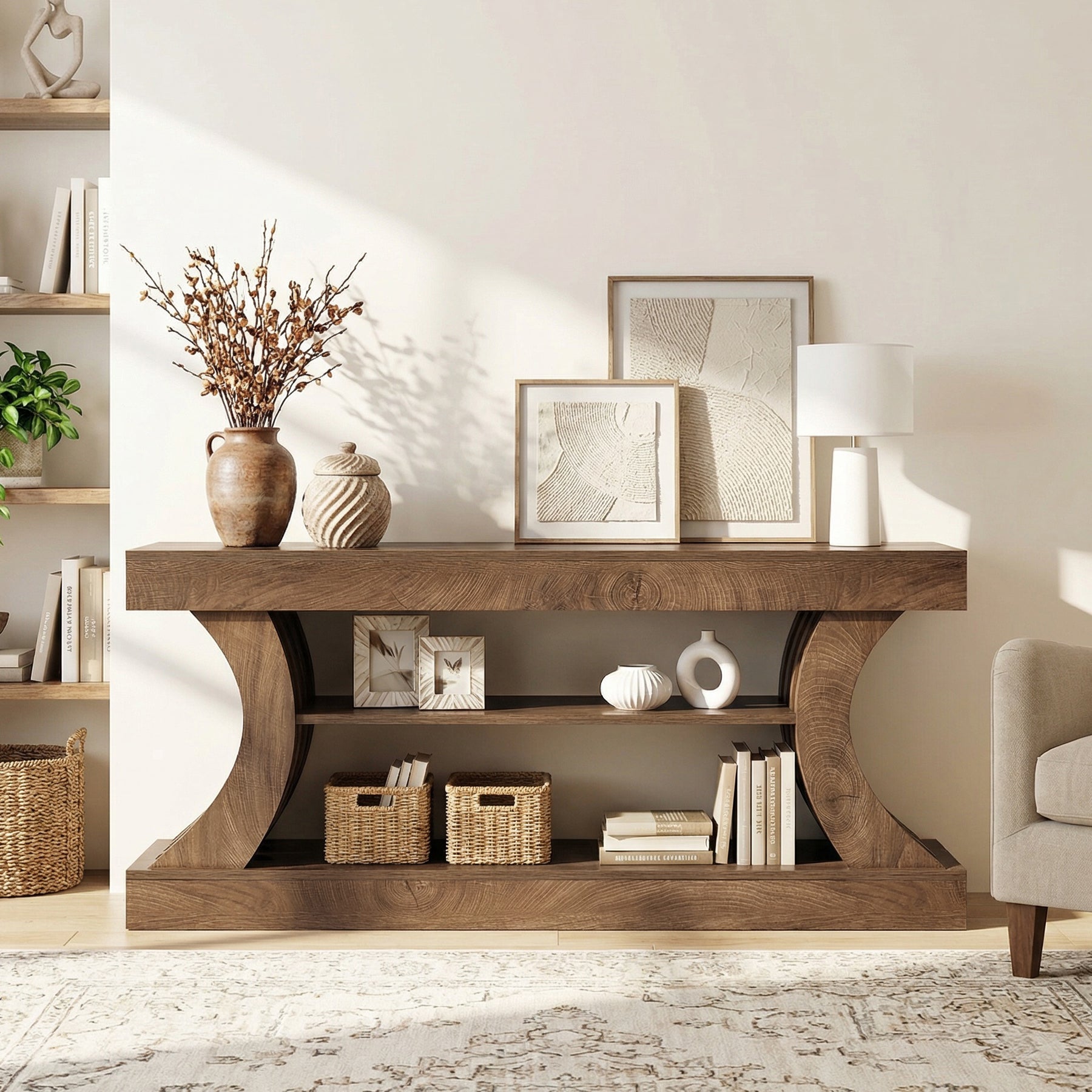 63-Inch Farmhouse TV Stand with 3-Tier Storage, Curved Entertainment Center for Living Room and Bedroom