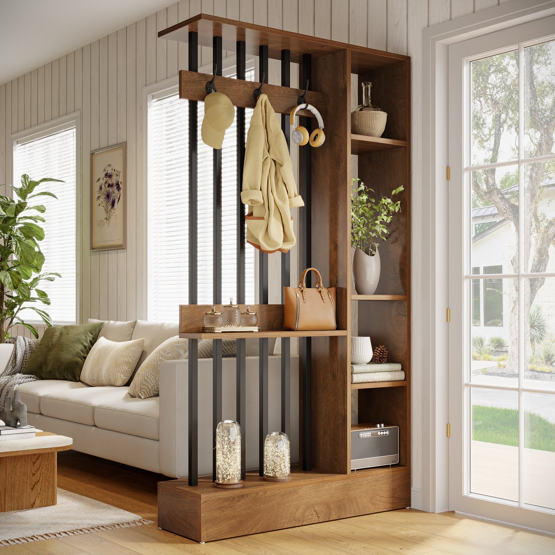 70.9 Inch Room Divider, Freestanding Bookshelf Partition with Shelves and Coat Hooks