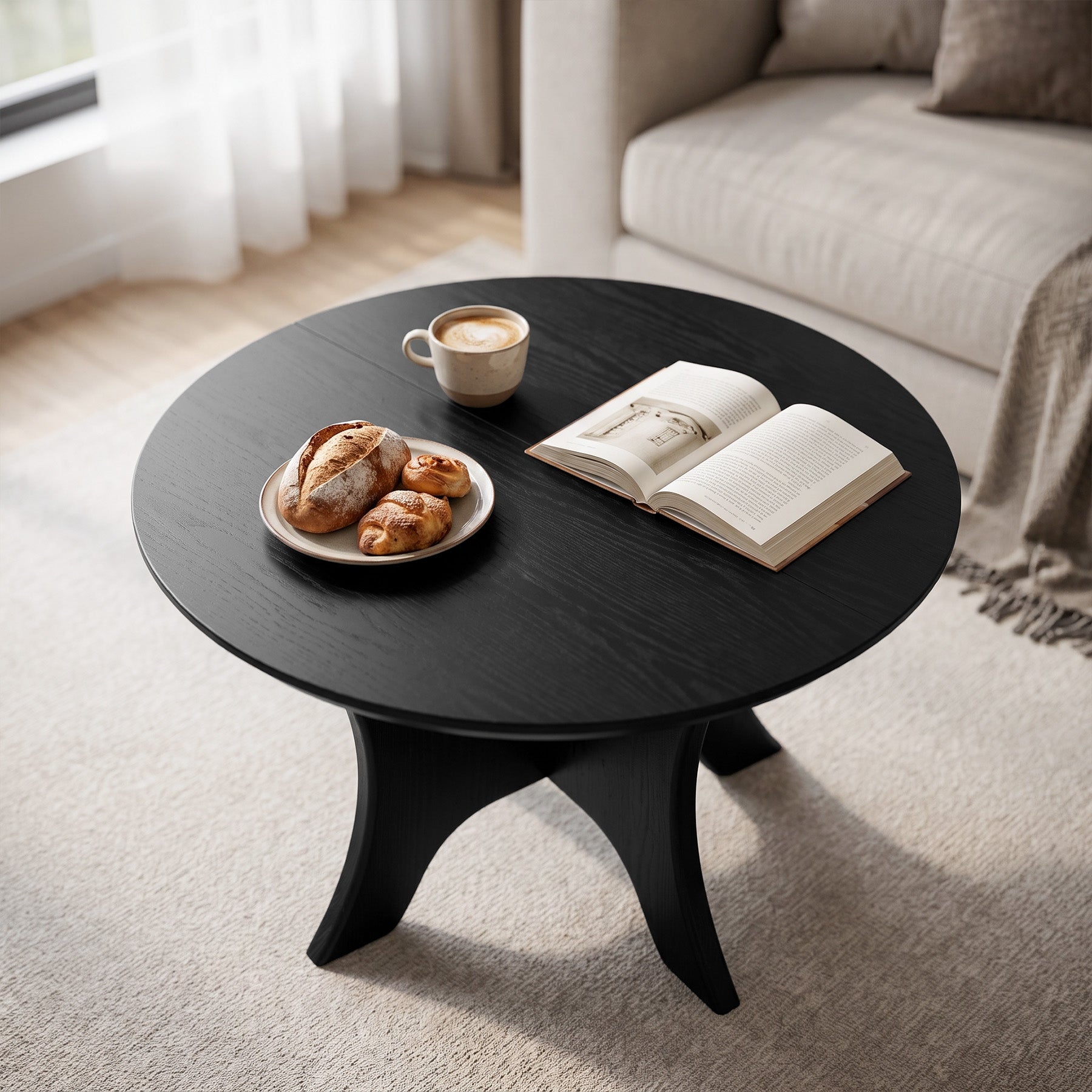 Tribesigns 31.1 Inch Round Coffee Table with Cross Base, Modern Black Table for Living Room