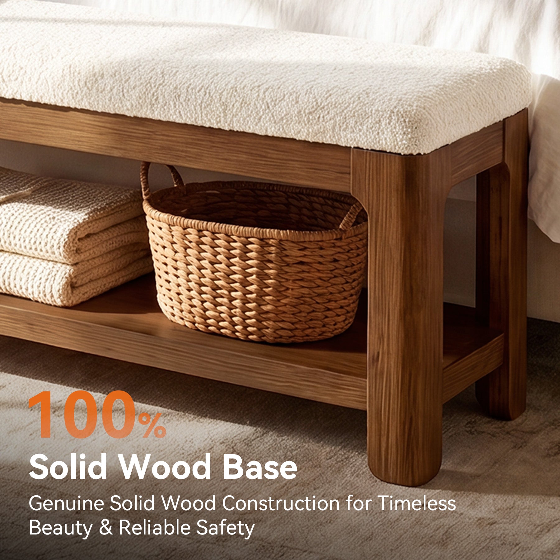 55-Inch Solid Wood Storage Bench with Faux Wool Seat, Entryway Bench for Bedroom