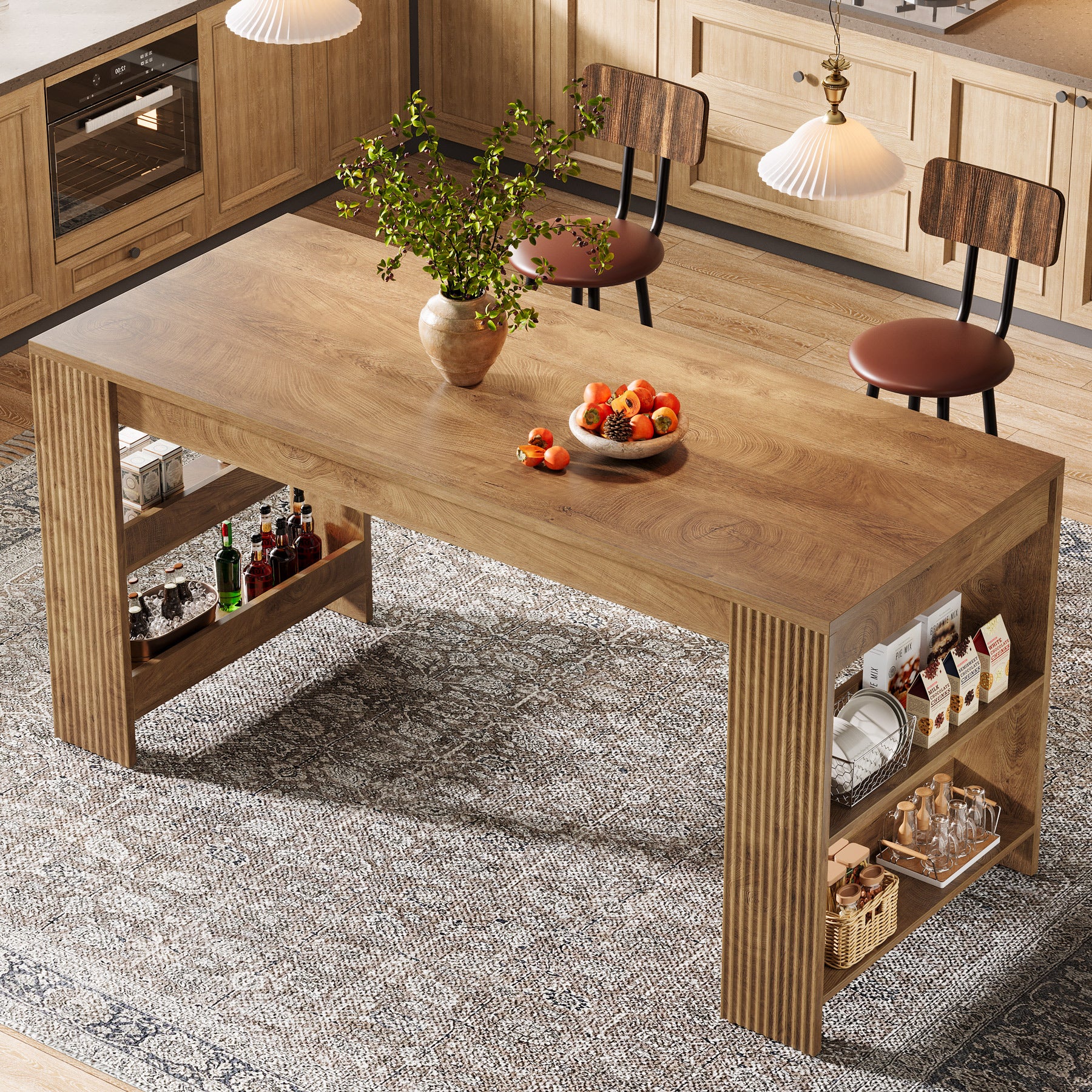 63 Inch Farmhouse Bar Table with Storage Shelves, Counter Height Pub Table for Kitchen
