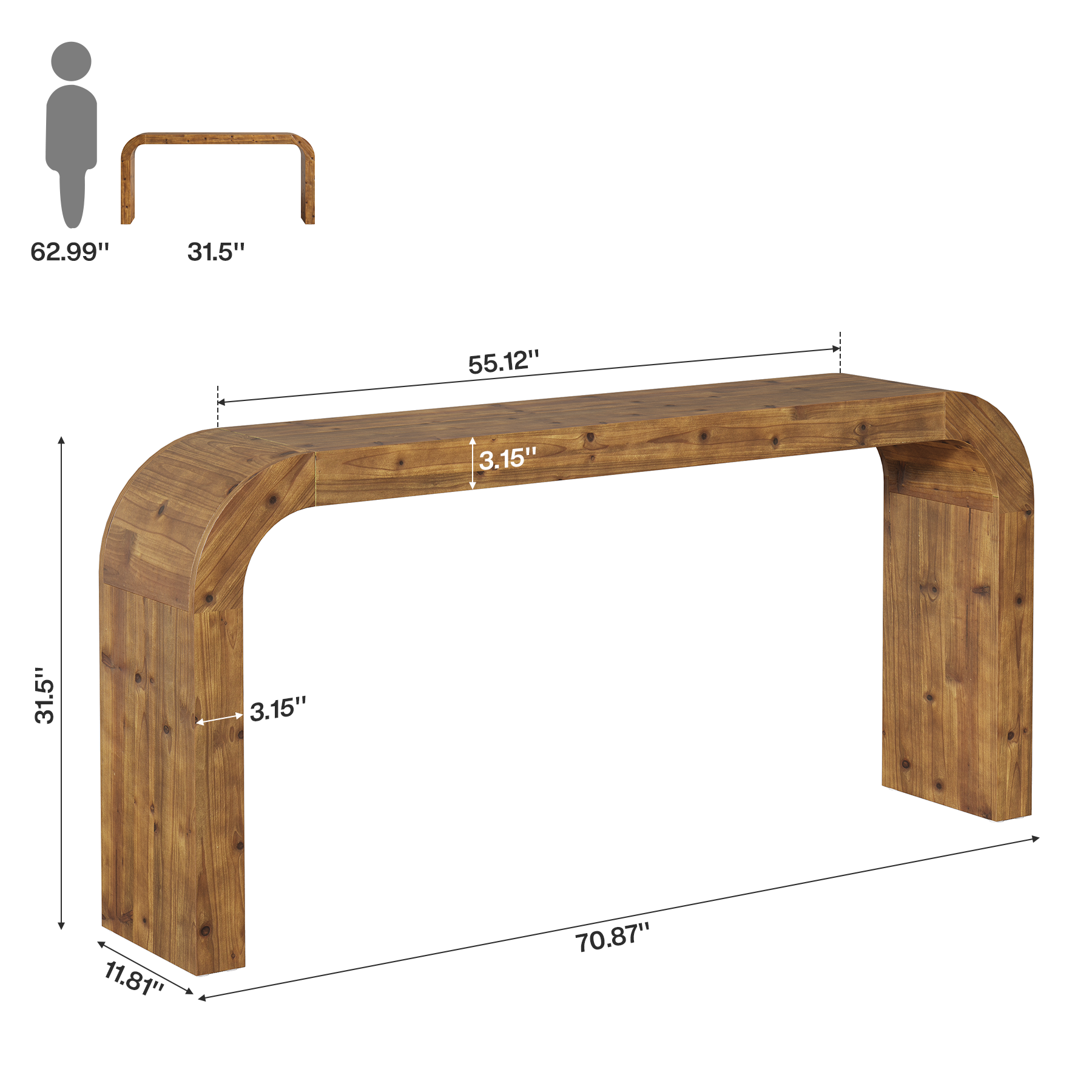 71 Inch Solid Wood Console Table, Farmhouse Waterfall Sofa Table for Entryway Hallway