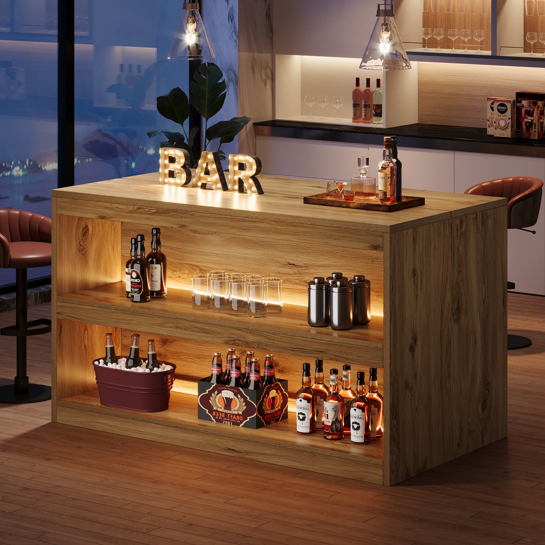 59 Inch Home Bar Table with 2-Tier Shelves, Farmhouse Pub Table for Kitchen and Bistro