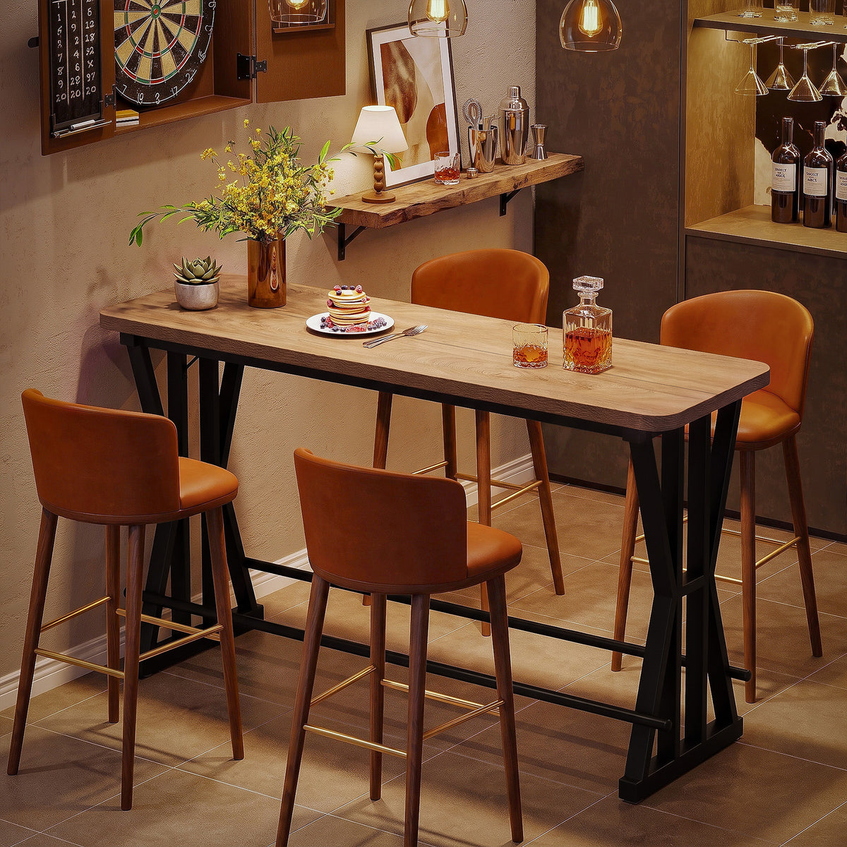 Tribesigns 63-Inch Industrial Bar Table with X-Frame Legs, Long Pub Table with Dual Footrests