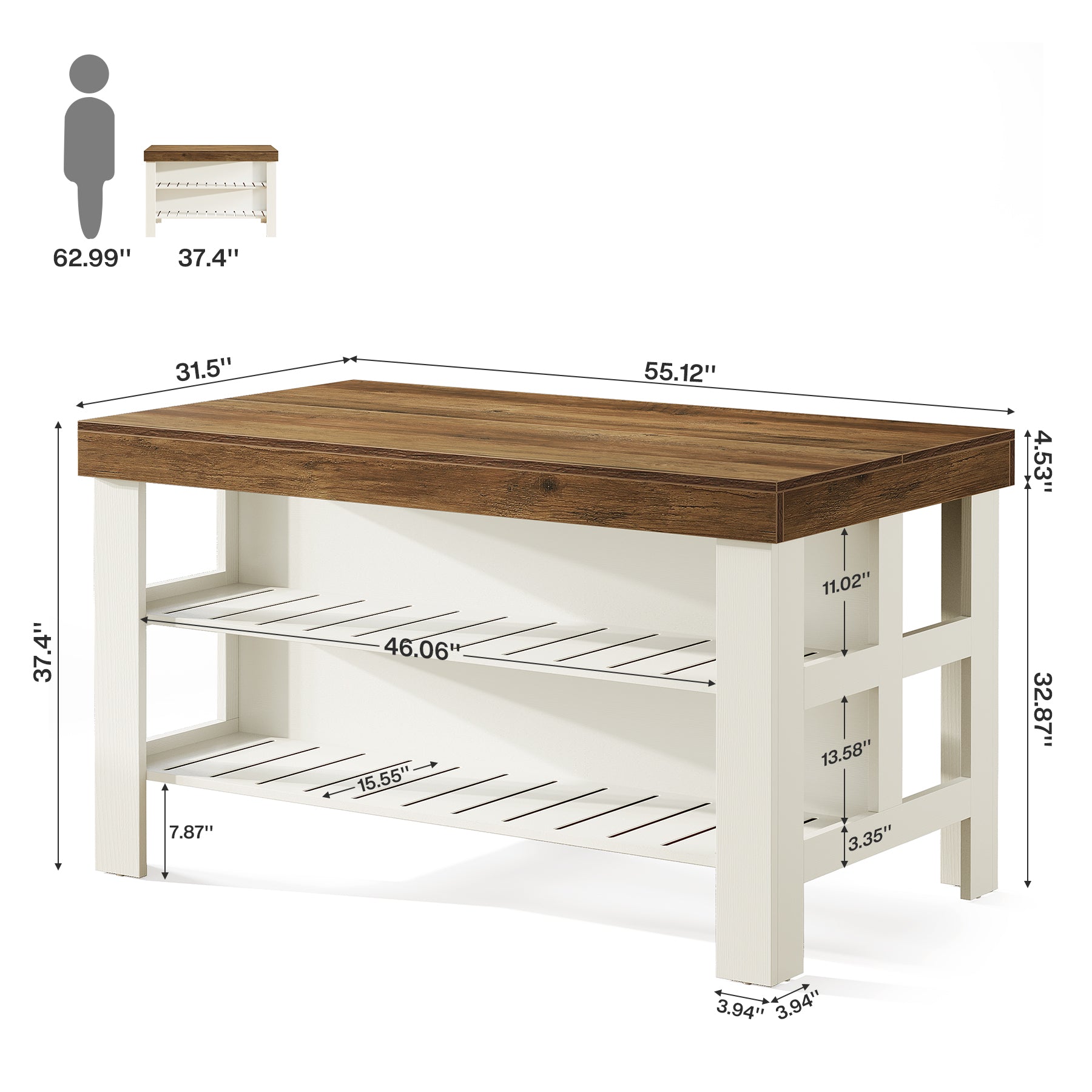Tribesigns 55.1-Inch Kitchen Island with Seating and Storage Shelves, Farmhouse Breakfast Counter Table for Kitchen and Dining Room