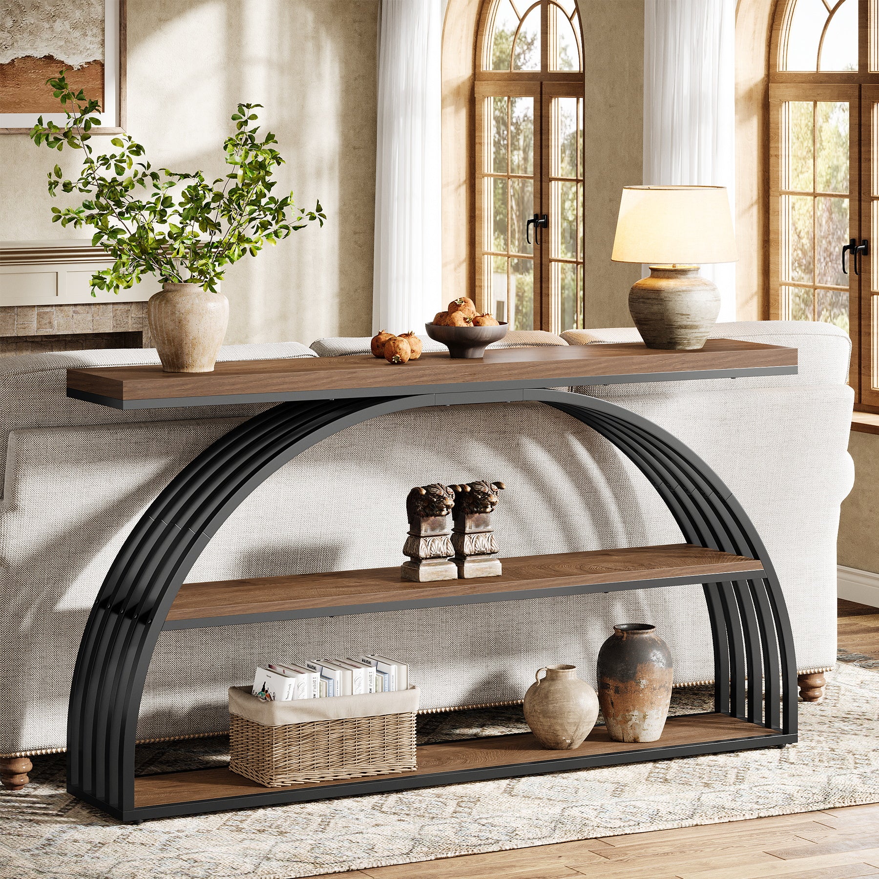 Tribesigns 63-Inch Console Table with 3-Tier Storage Shelves, Arched Frame Sofa Table for Living Room