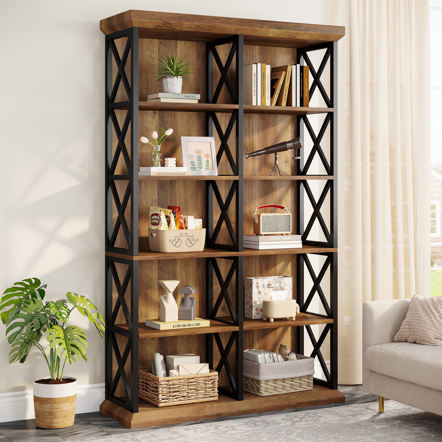Tribesigns 75-Inch Tall Double Wide Bookcase, 6-Tier Industrial Bookshelf with X-Pattern Frame