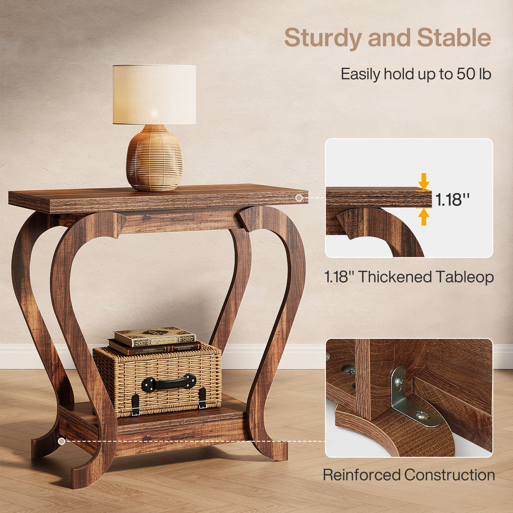 Brown Wooden End Table, 23.62 Inch 2-Tier Side Table for Small Spaces