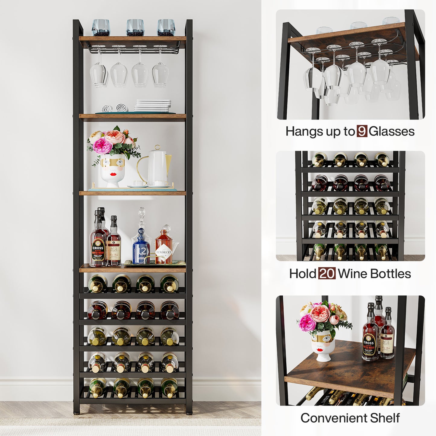 Tribesigns 20-Bottle Wine Baker's Rack, 9-Tier Freestanding Wine Rack with Glass Holder