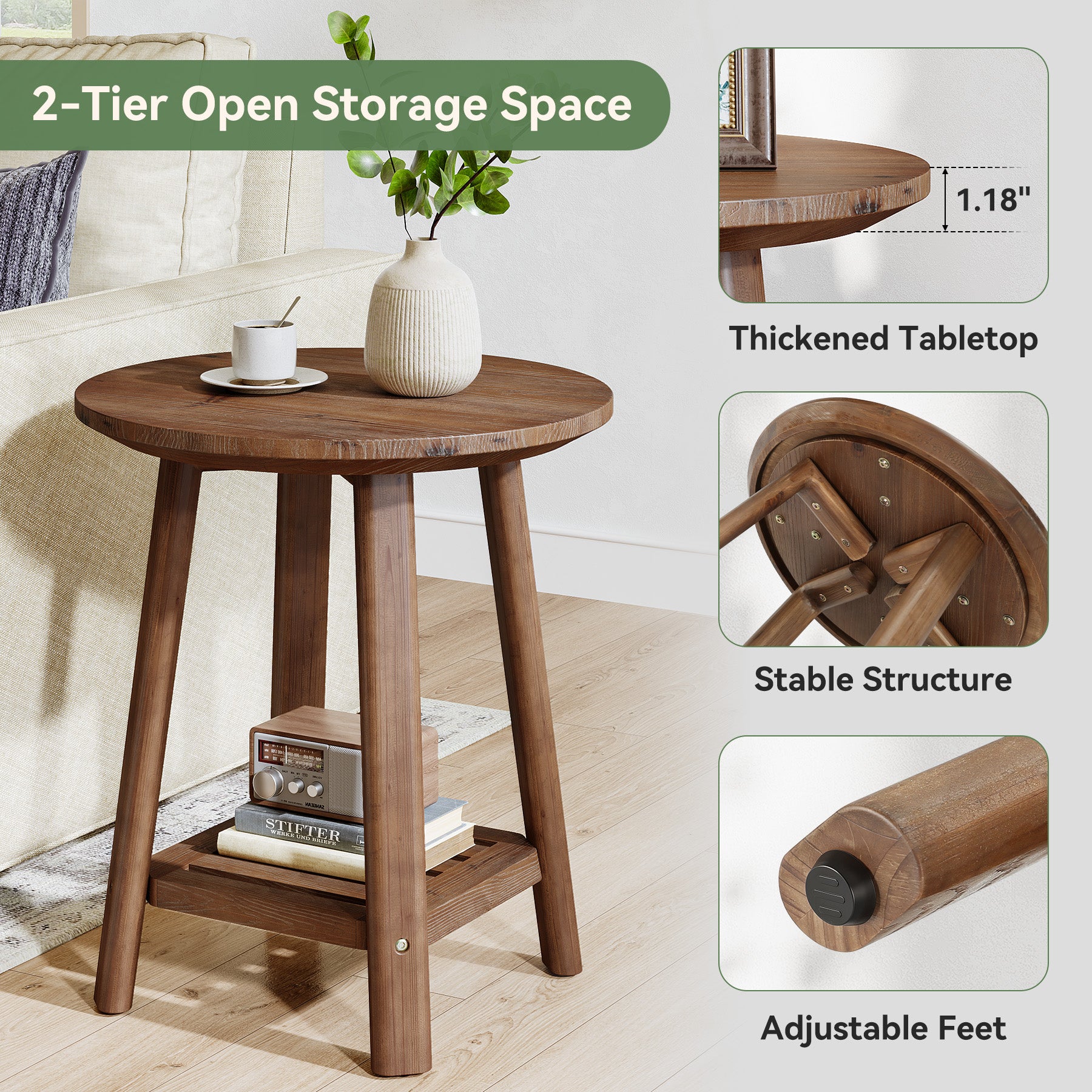 Tribesigns Round Side Table with 2-Tier Storage Shelf, Solid Wood End Table for Small Spaces