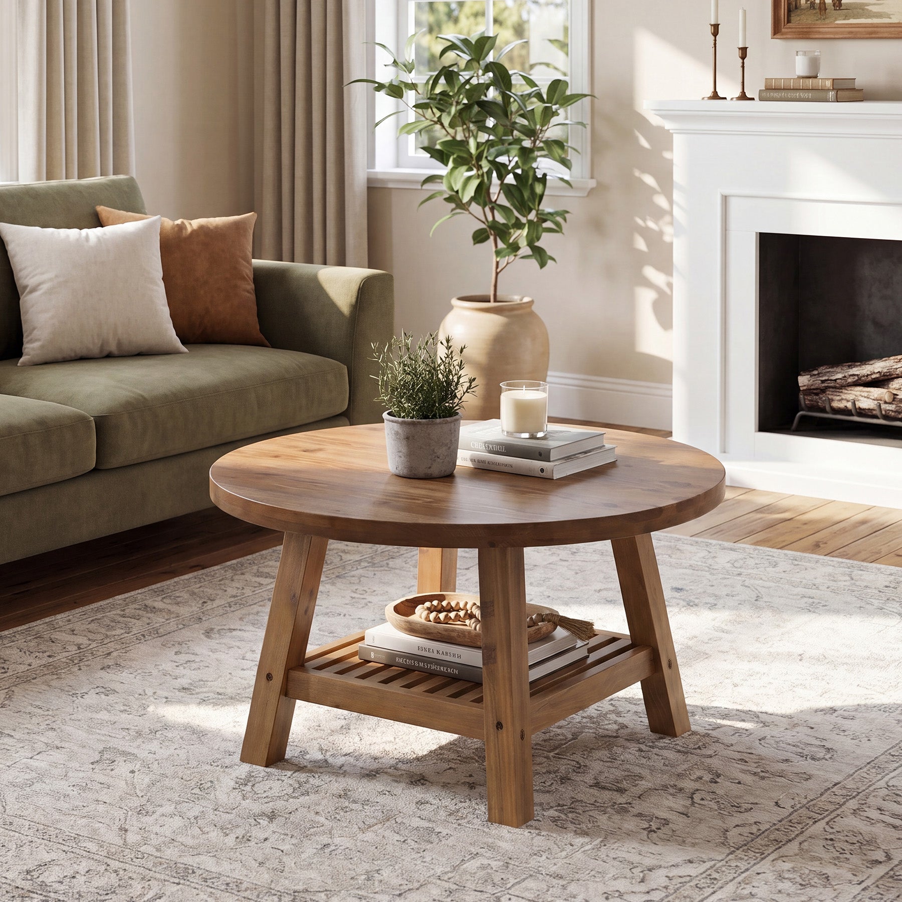 31.5 Inch Solid Wood Round Coffee Table with 2-Tier Storage, Living Room Center Table