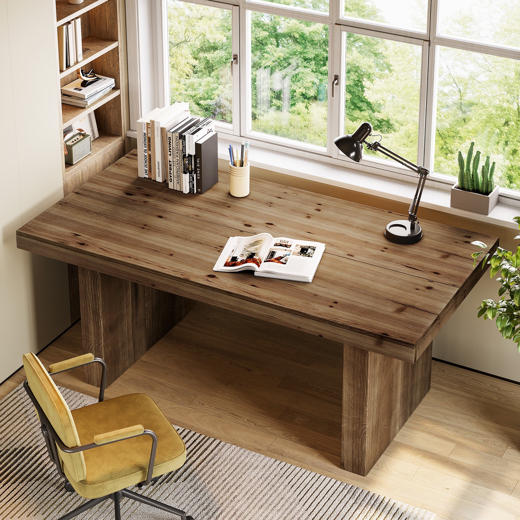 Tribesigns 63-Inch Solid Wood Executive Desk with Spacious Tabletop and Sturdy Wooden Legs, Farmhouse Computer Desk for Home Office Study and Workstation