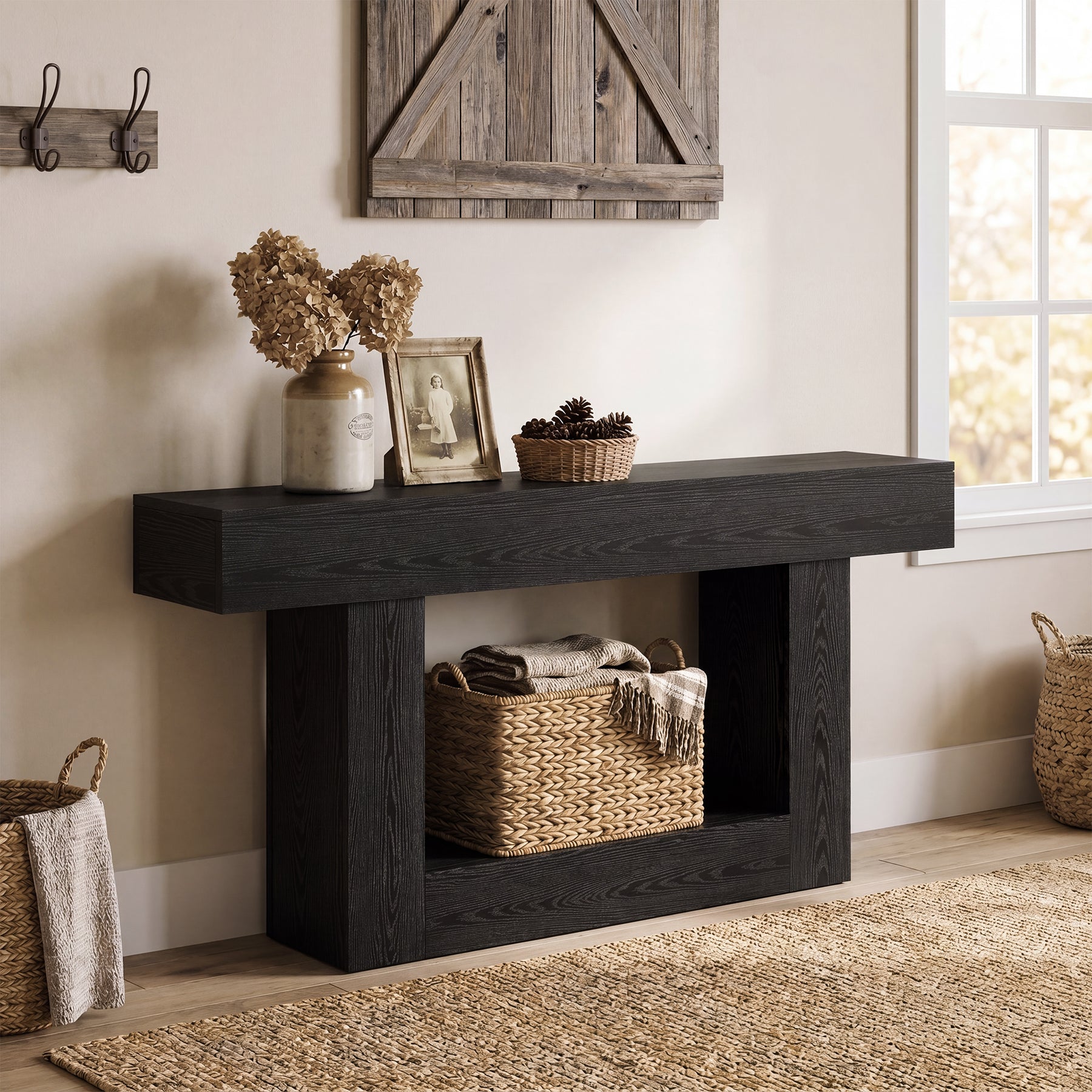 63" Distressed Wood Console Table, 2-Tier Sofa & Entry Table