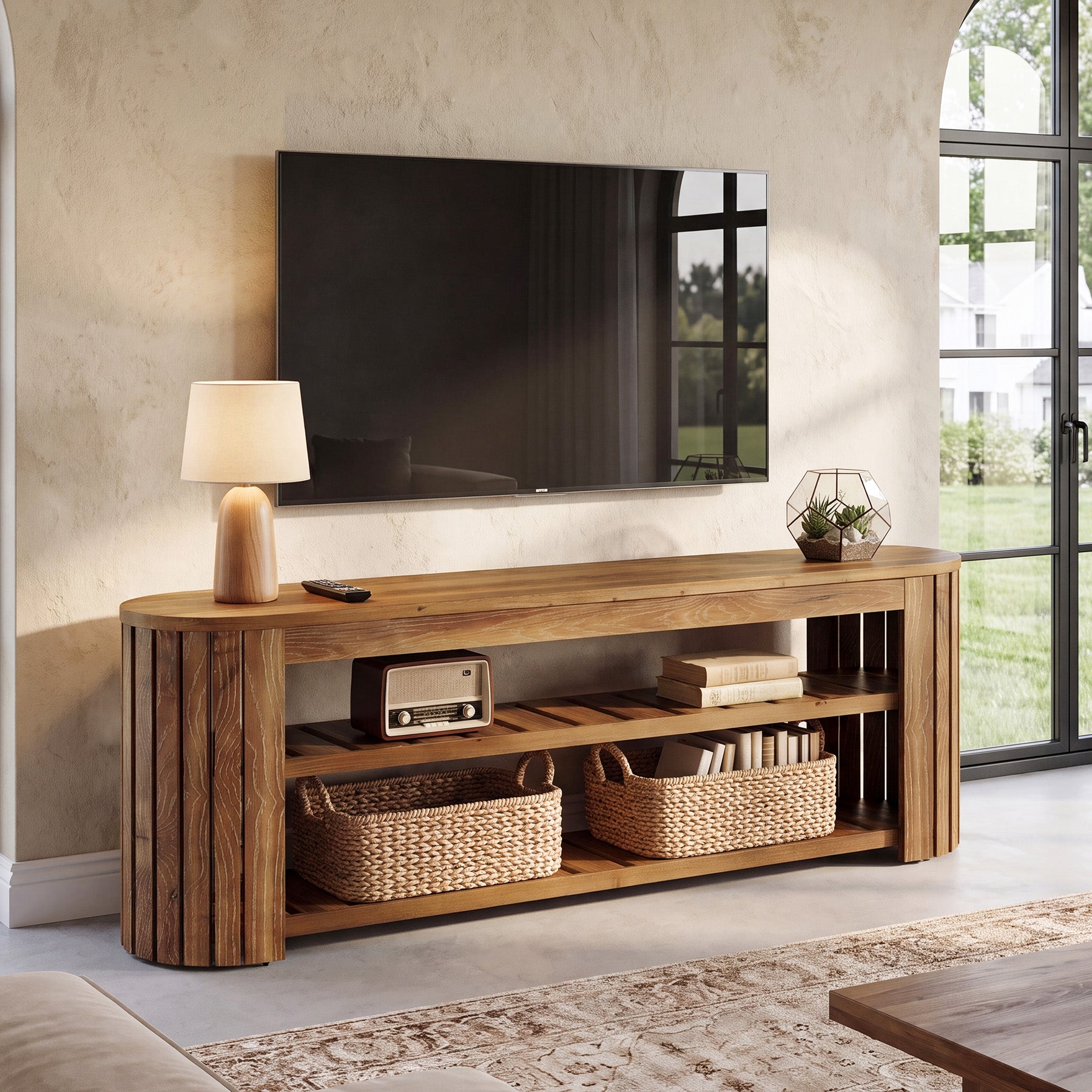 63 Inch Solid Fir Wood TV Stand with Rounded Top, Farmhouse Media Console with Shelves