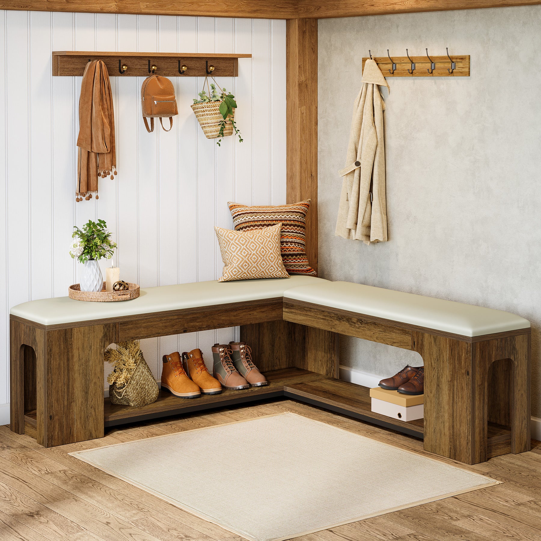 47.24-Inch L Shaped Corner Bench with Removable Seat Cushion and 2-Tier Storage, Farmhouse Breakfast Nook Bench