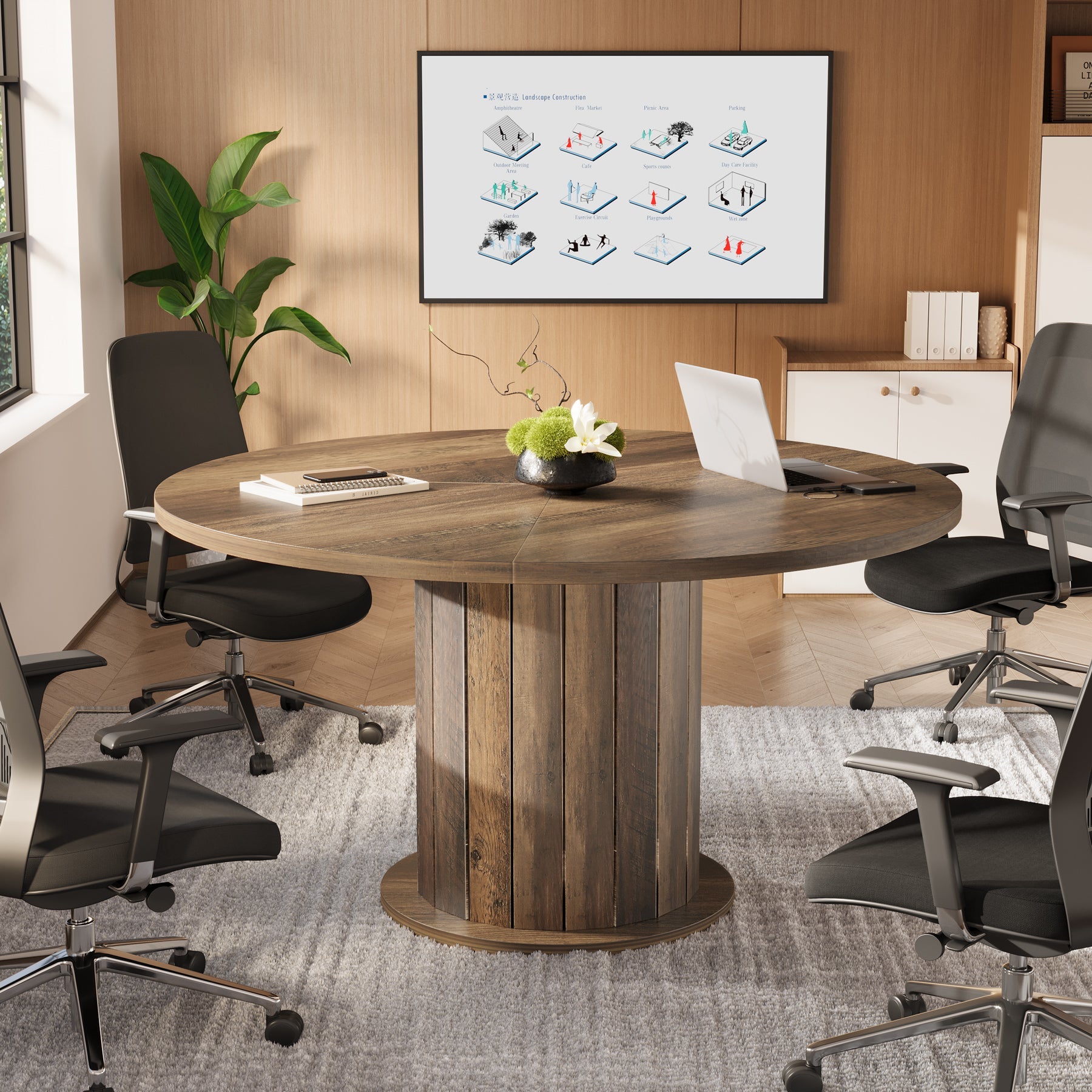 47.24-Inch Round Conference Table with Pedestal Base, Farmhouse Meeting Table for 4 to 6 People