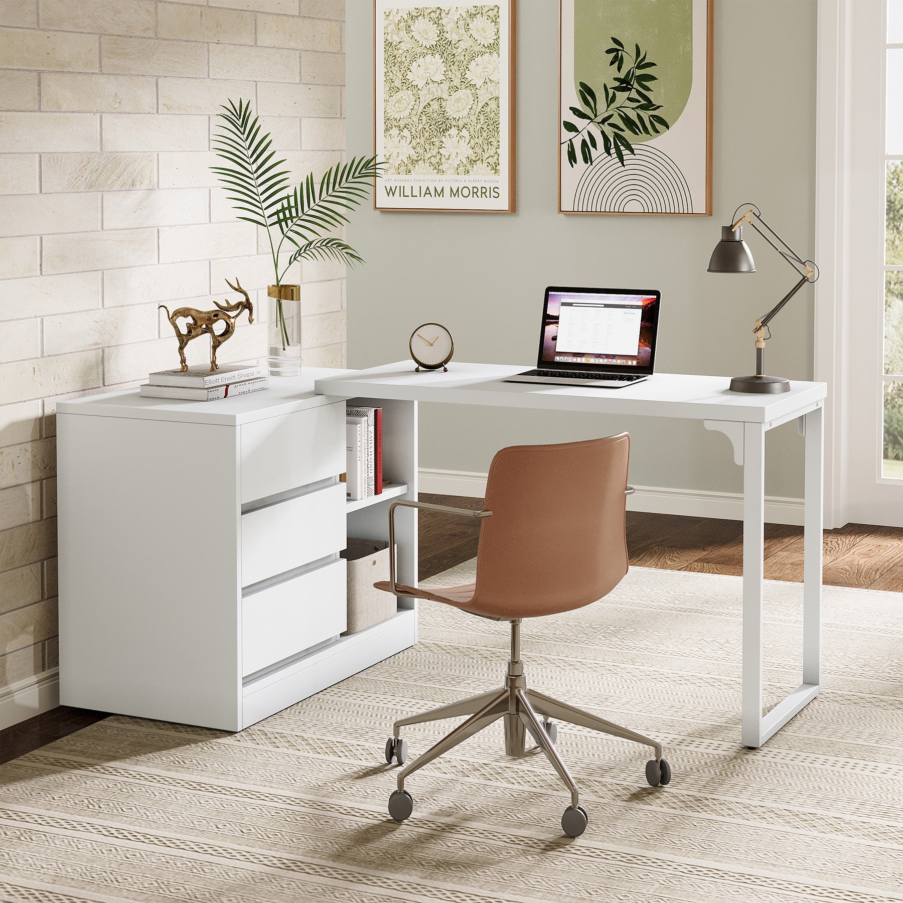Tribesigns Reversible L-Shaped Computer Desk with Drawers and Shelves, White Corner Office Desk for Home Office and Bedroom