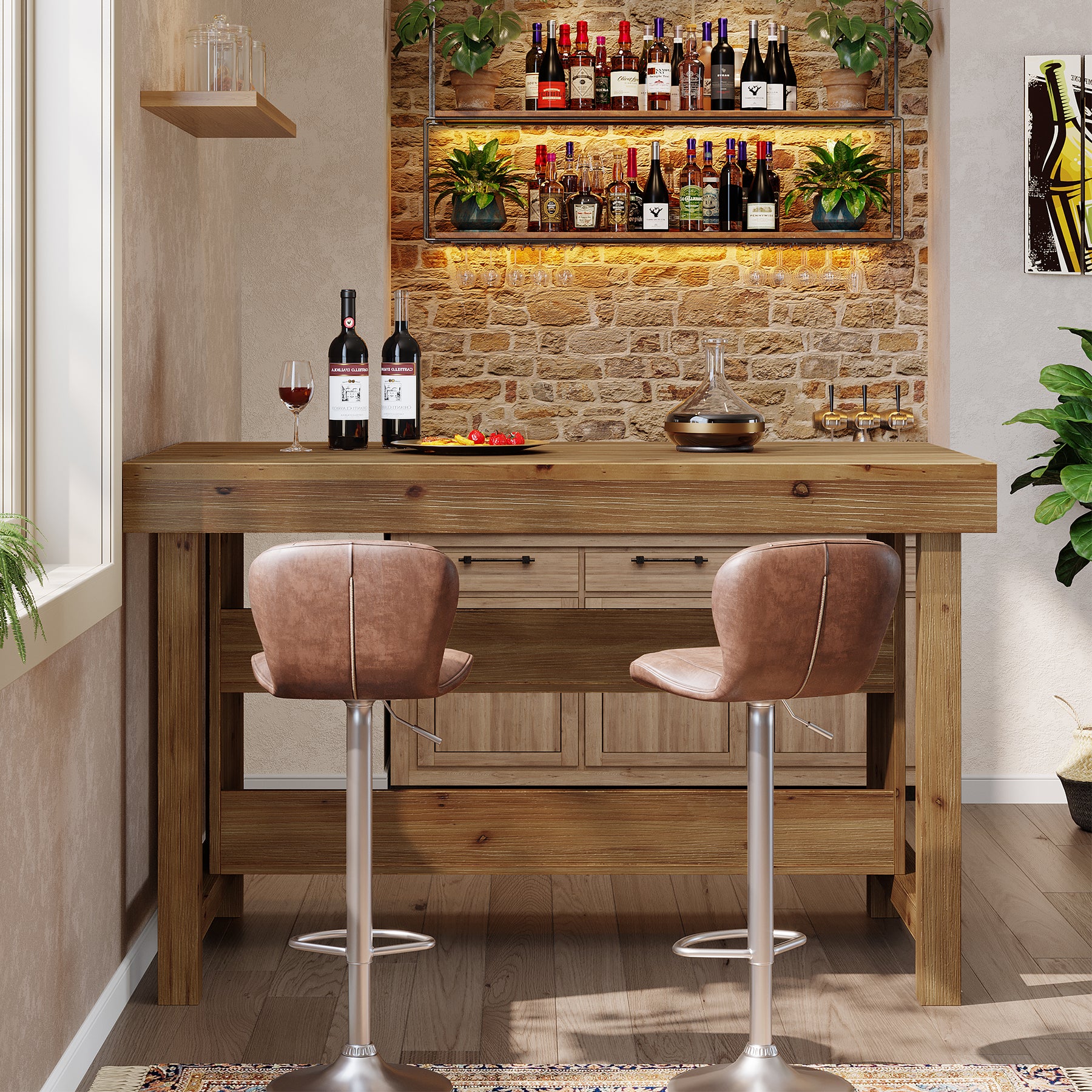 Tribesigns 55-Inch Solid Wood Bar Table with 3-Tier Open Storage Shelves, Farmhouse Counter Height Pub Table
