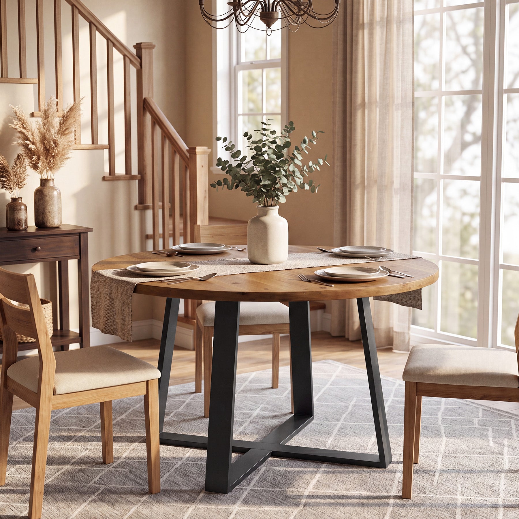 Tribesigns 47-Inch Solid Wood Round Dining Table, 4-6 Person Table with Black Metal Base