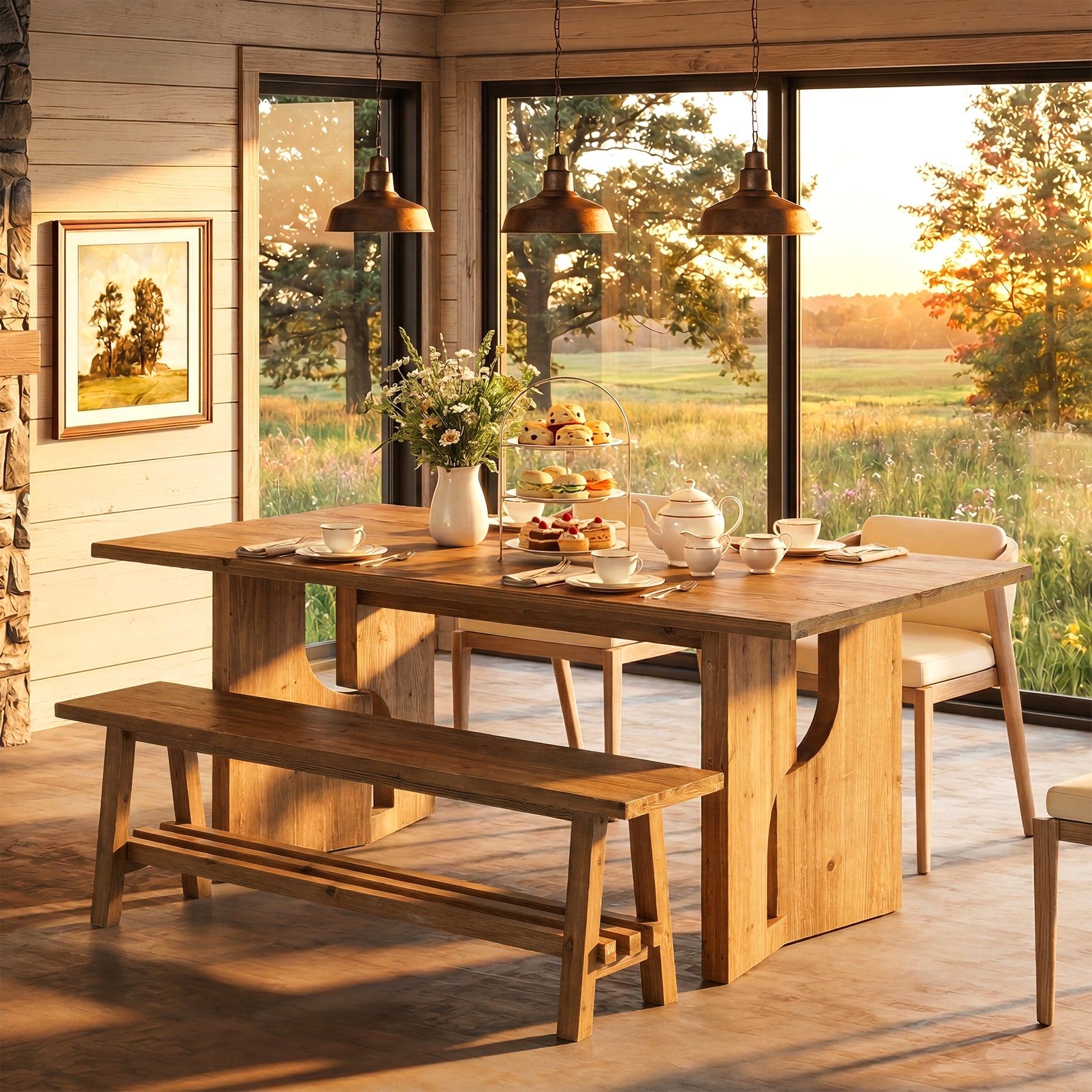 Tribesigns 63-Inch Solid Wood Dining Table with Cutout Bases, Farmhouse Table for Dining Room