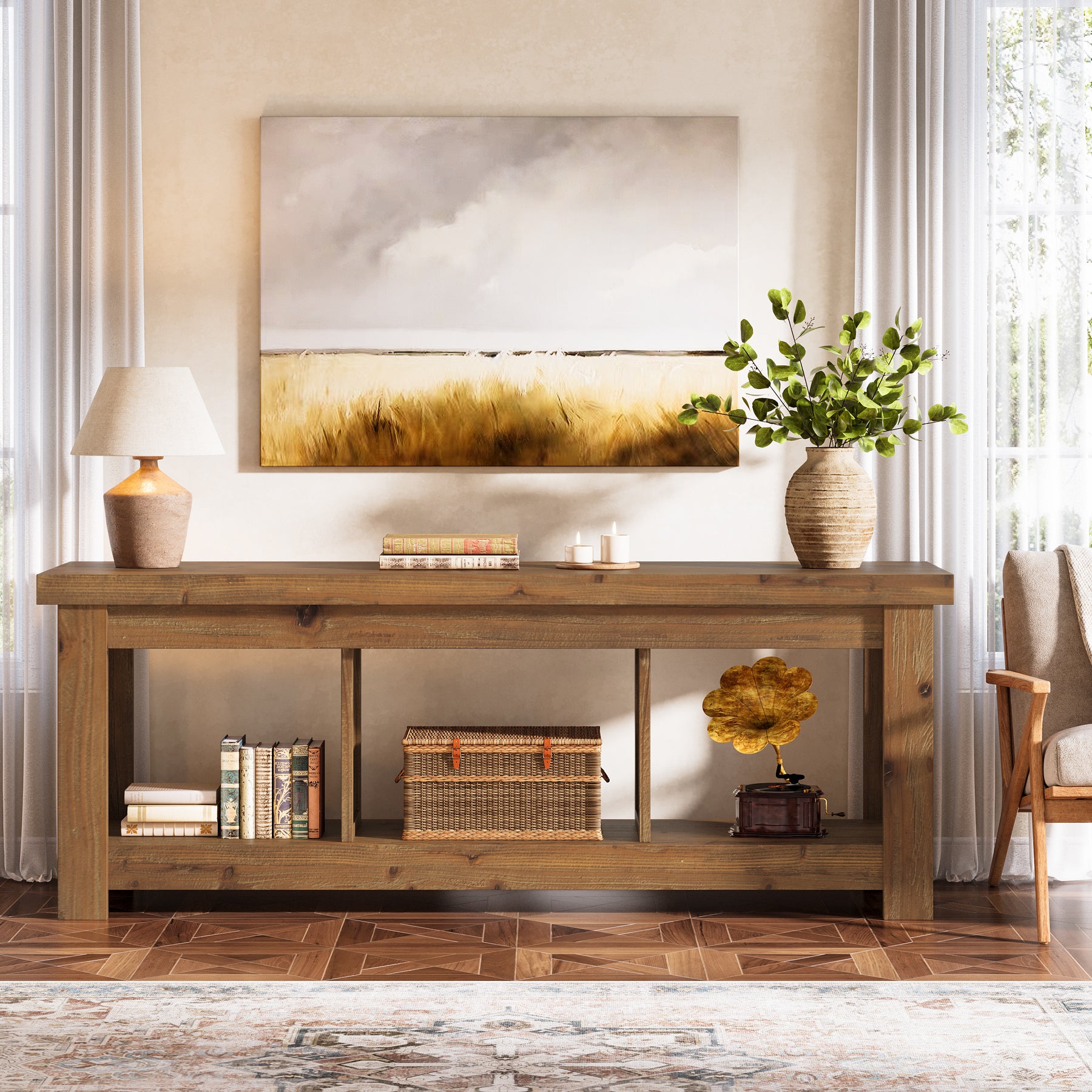 Tribesigns 63-Inch Solid Wood TV Stand with 3 Open Storage Shelves, Farmhouse Entertainment Center for TVs up to 75 Inches