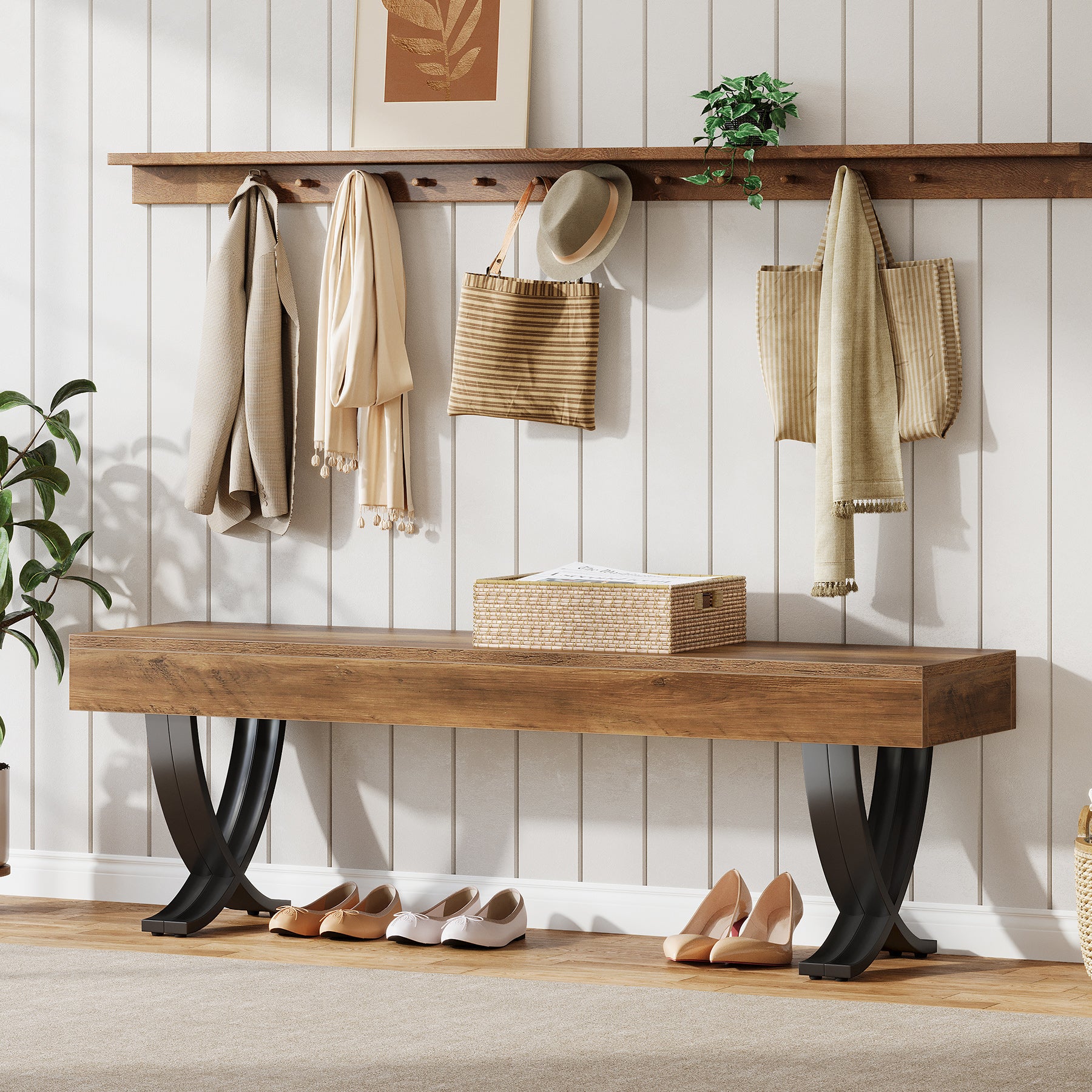 Tribesigns 55" Shoe Bench, Industrial Bench with Metal X-Legs for Hallway