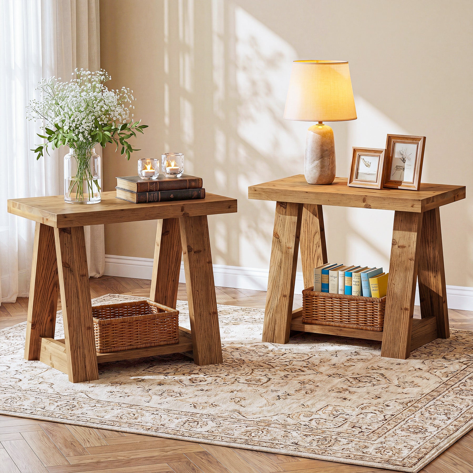23.62 Inch Solid Wood End Table with 2-Tier Storage Shelves, Farmhouse Side Table for Living Room
