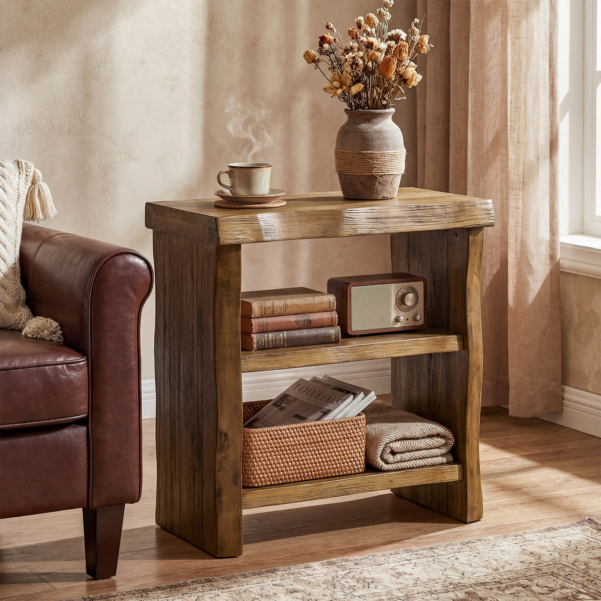 23.62 Inch Solid Wood End Table with 3-Tier Storage Shelves and Live-Edge Design, Narrow Side Table for Living Room
