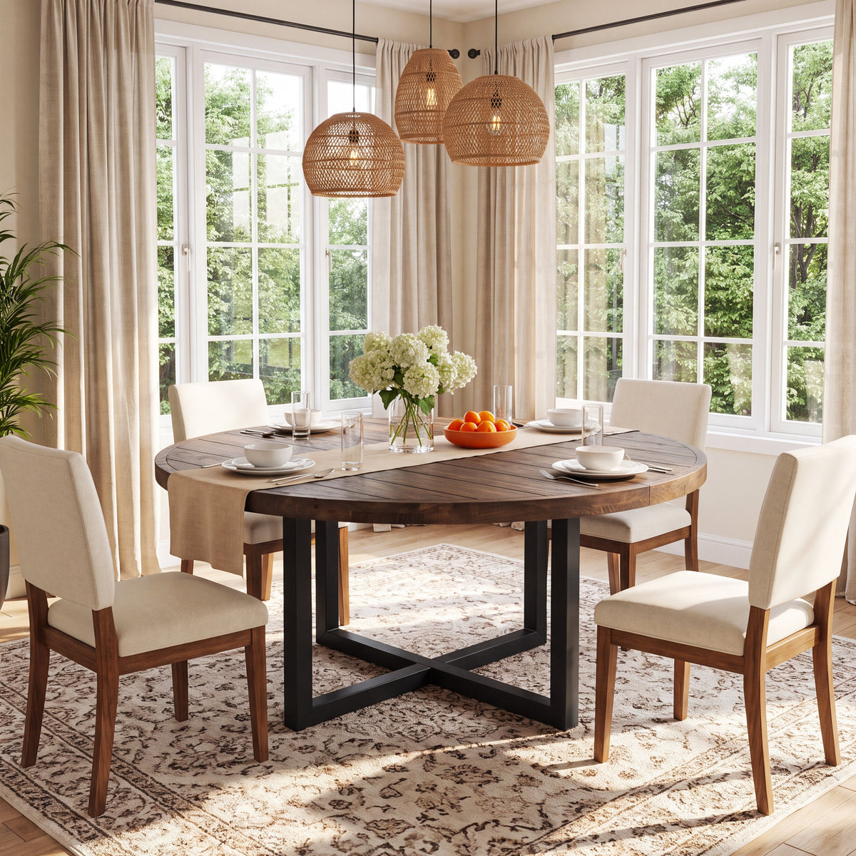 47.24 Inch Solid Wood Round Dining Table with Metal Cross Base, Farmhouse Kitchen Table for 4-6