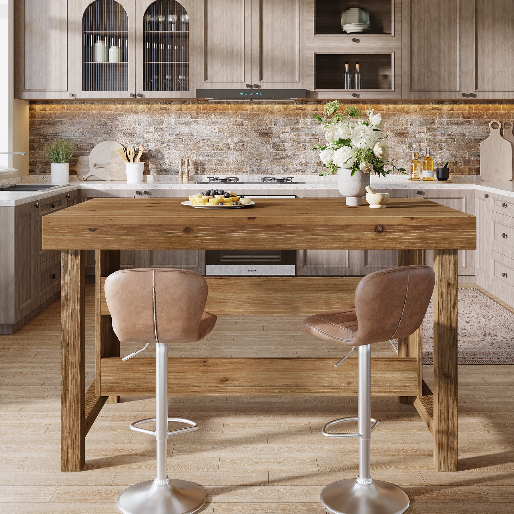 Tribesigns Solid Wood Kitchen Island Table with 2-Tier Open Storage Shelves, Farmhouse Stationary Island Table with Seating for Kitchen and Dining Room
