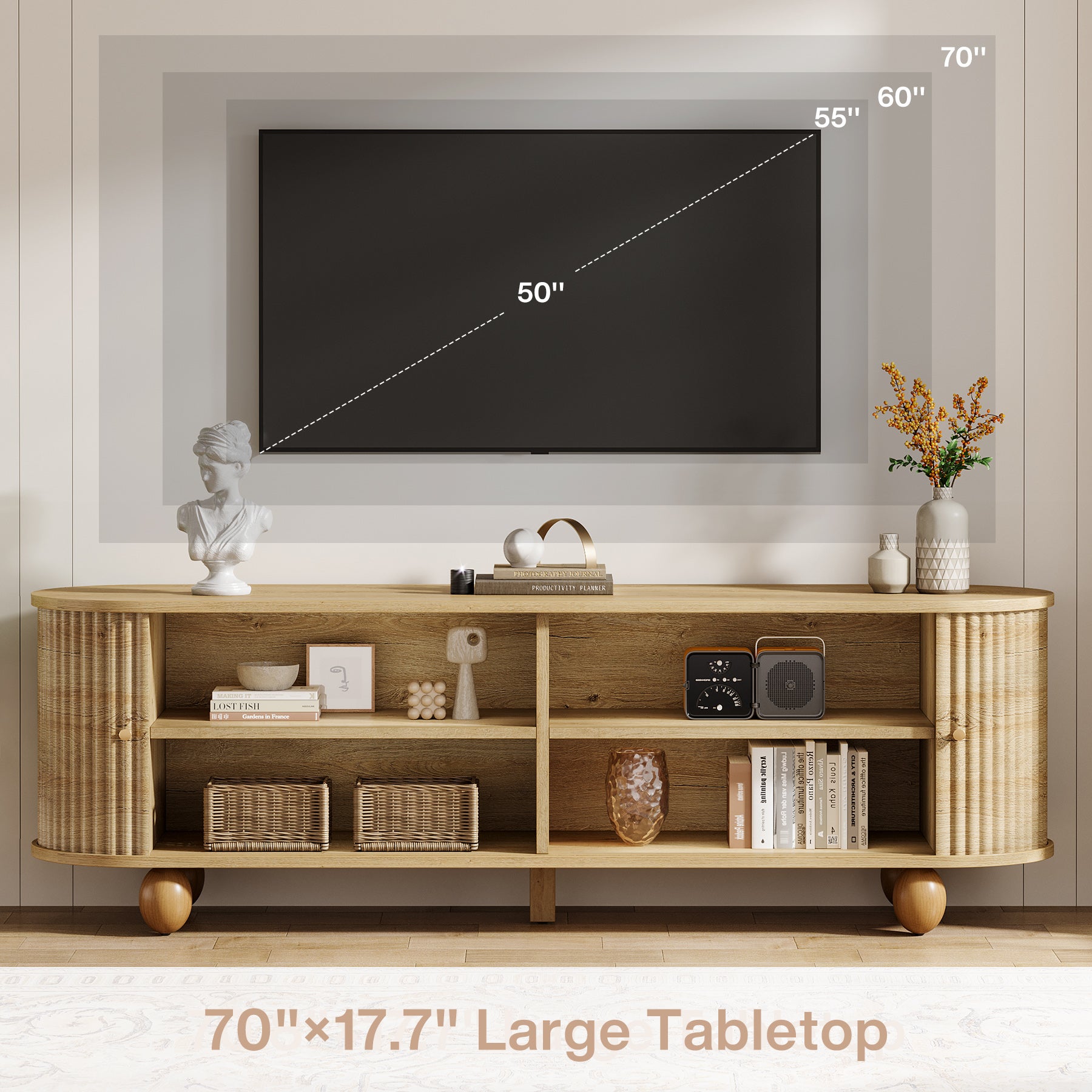 Tribesigns 70.8-Inch Farmhouse Fluted TV Stand with Sliding Doors and Storage Shelves, Extra Long Media Console for 65 70 and 75 Inch TVs