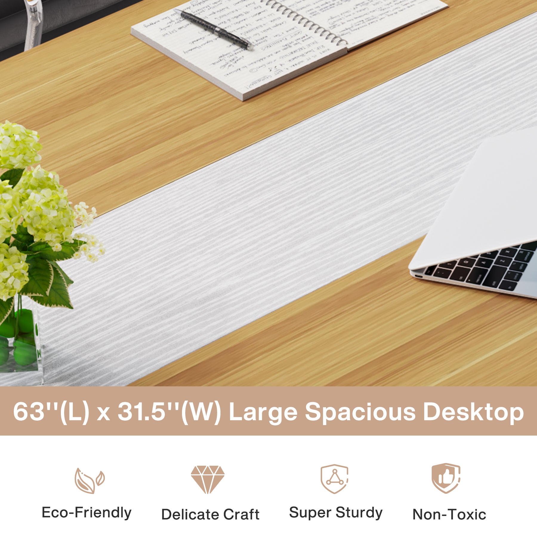 63 x 31.5 Inch Modern Large Desk, Office Writing Workstation in Rustic and Black
