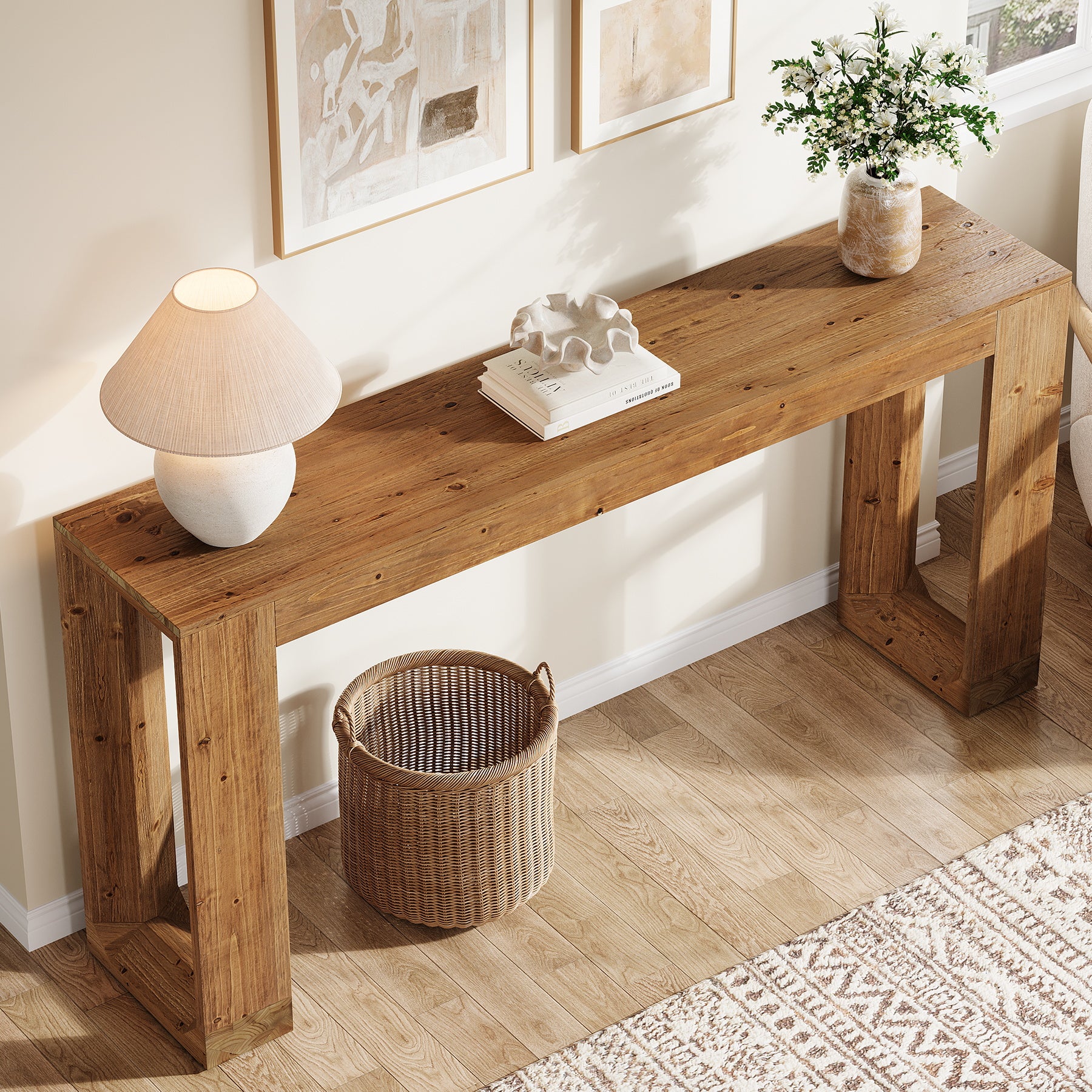 Tribesigns 63-Inch Farmhouse Console Table with Reinforced Base, Solid Wood Sofa Table for Entryway Study and Living Room
