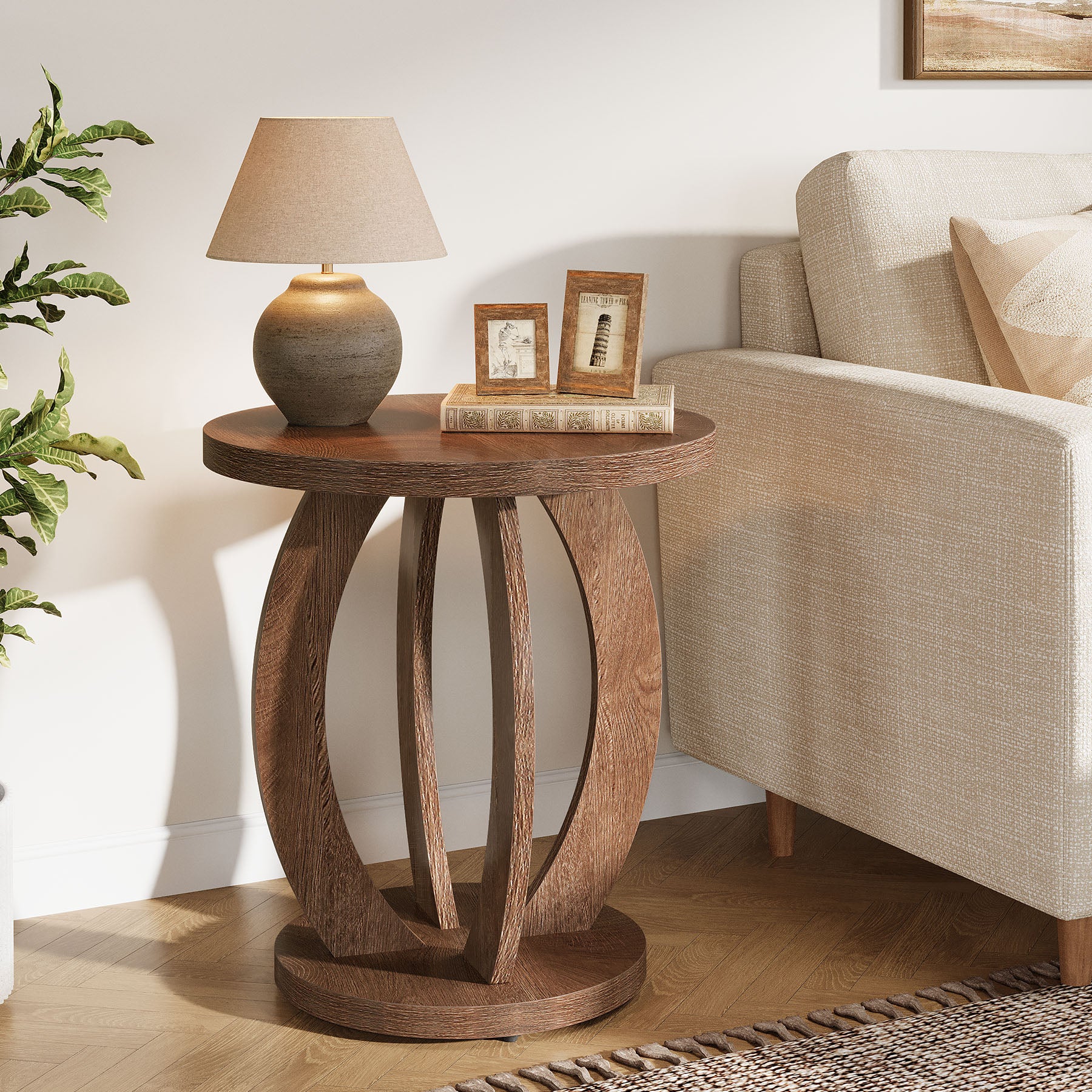 24" Round Farmhouse Nightstand - Bedside Table with Storage, Wood Base, Brown