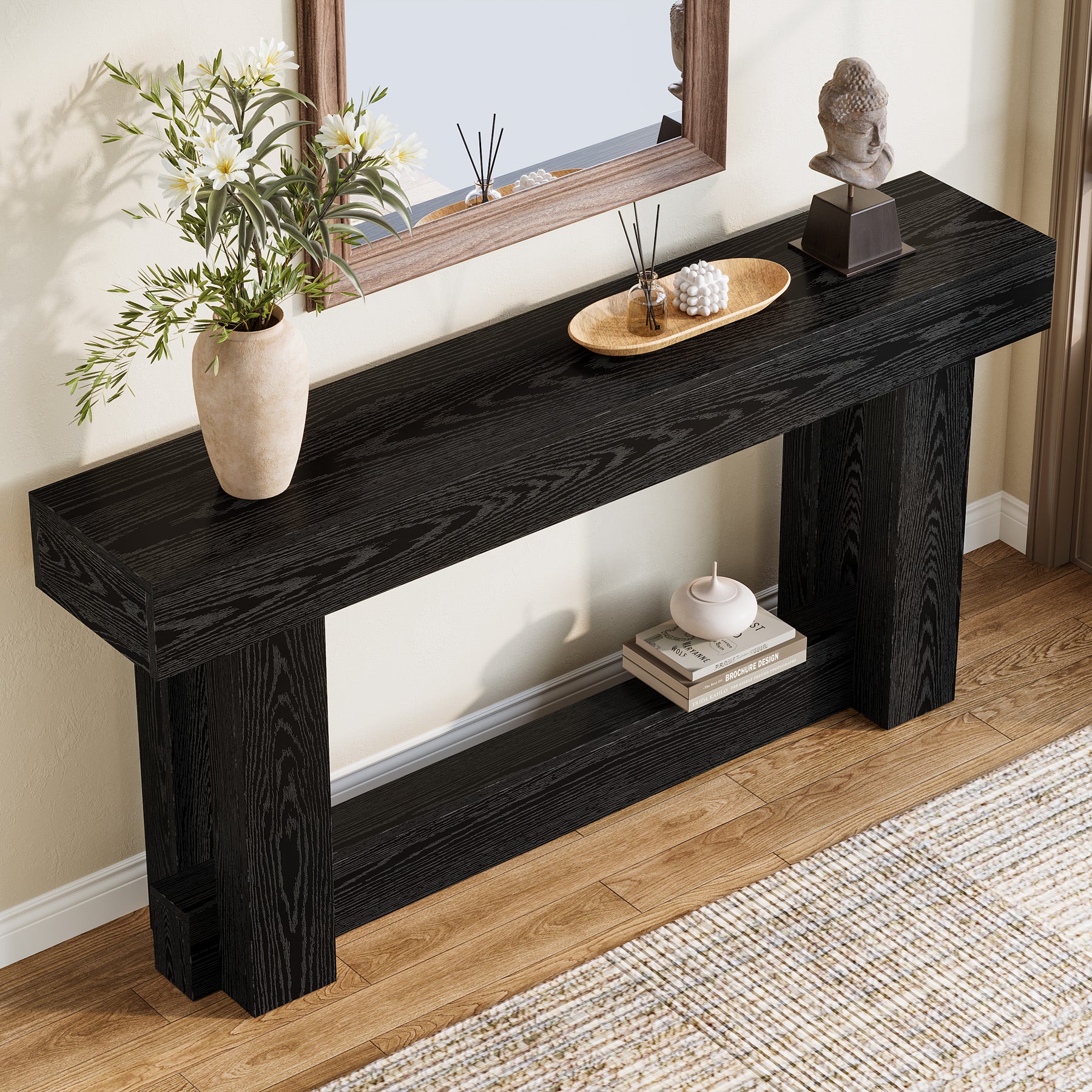 62.99 Inch Wood Console Table, 2-Tier Narrow Long Farmhouse Entryway Table