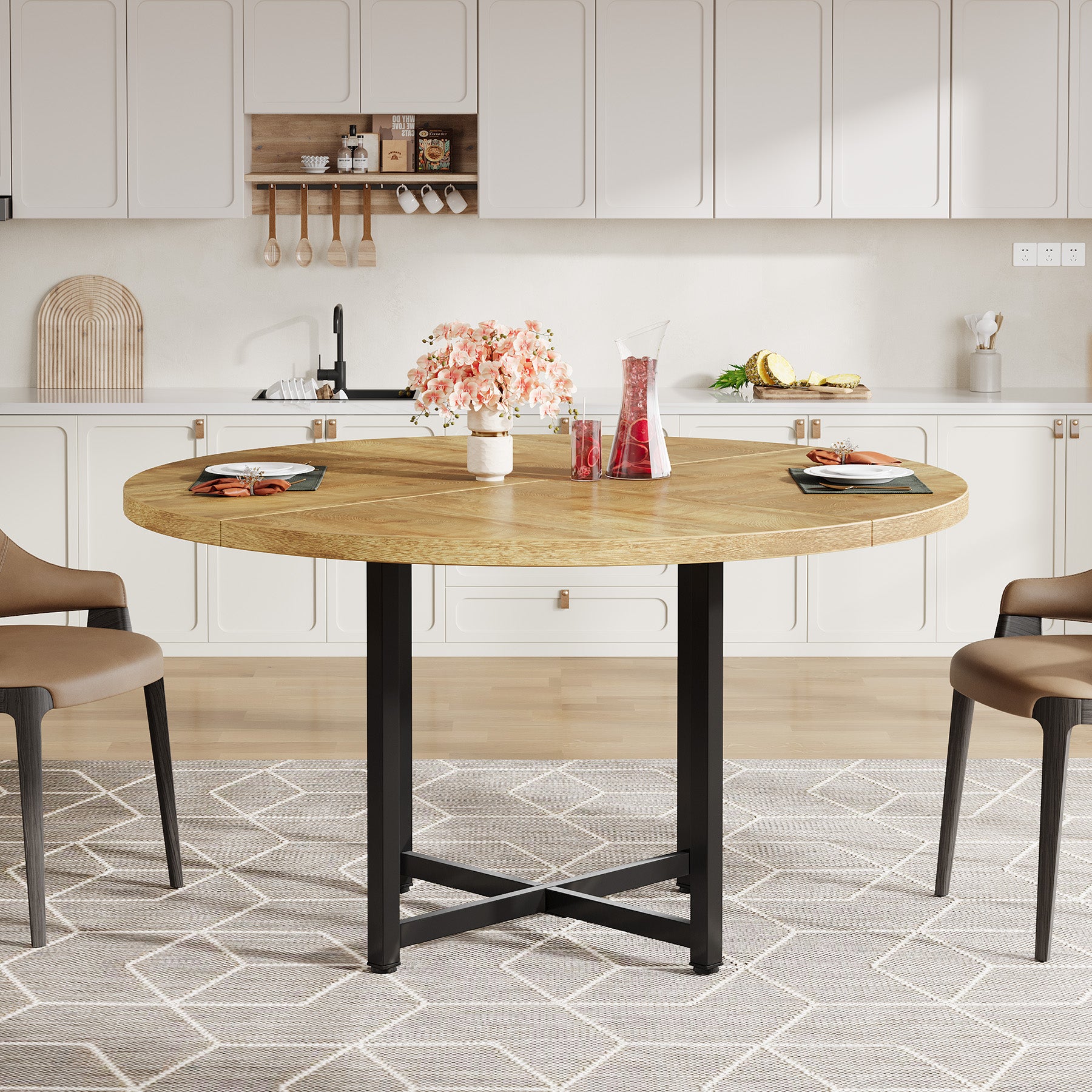 47" Round Dining Table, Heavy-Duty Metal Base, Space-Saving