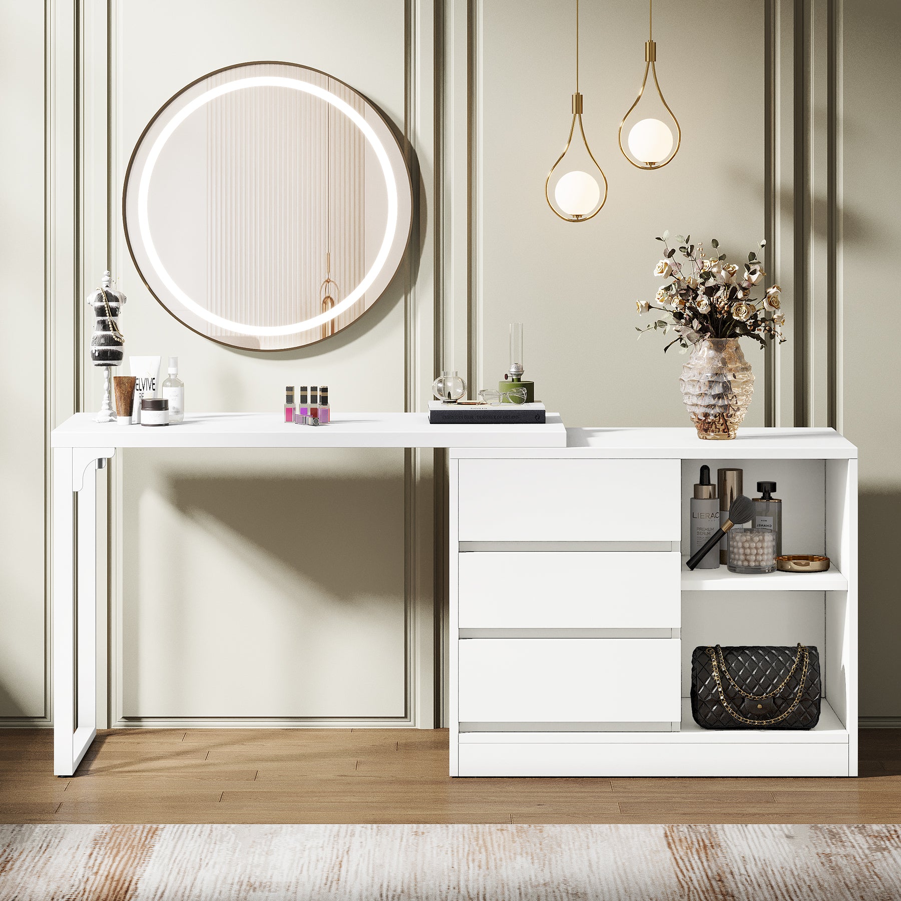 Tribesigns Vanity Desk with 3 Drawers and 2 Shelves, Matte White Makeup Table with Reversible Storage Cabinet for Bedroom