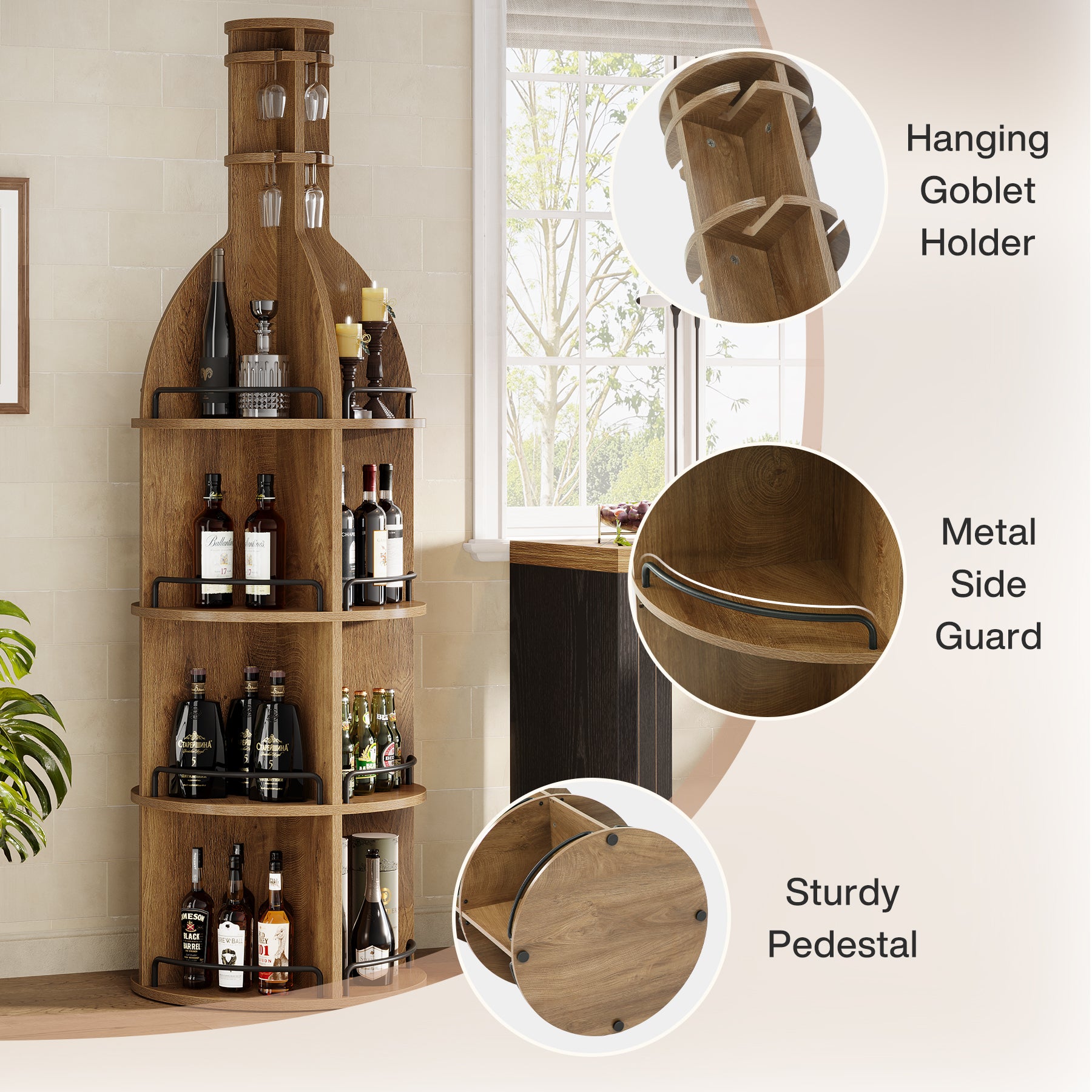 Tribesigns 74.8 Inch Tall Round Wine Rack with Storage Shelves and Glass Holder, Freestanding Wine Bar Cabinet for Home Bar
