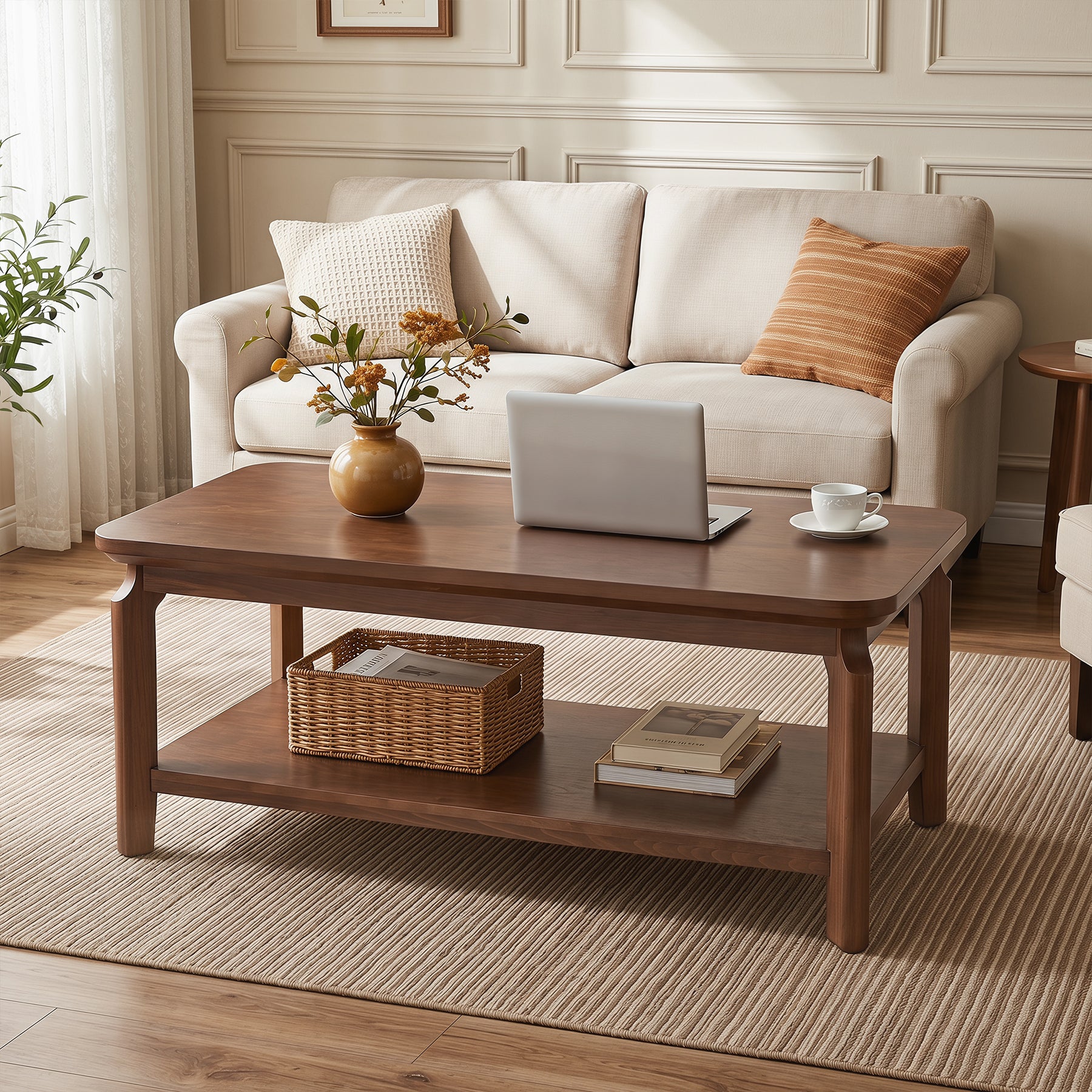 Tribesigns 47-Inch Coffee Table with Open Shelf, Rounded-Corner Center Table for Living Room