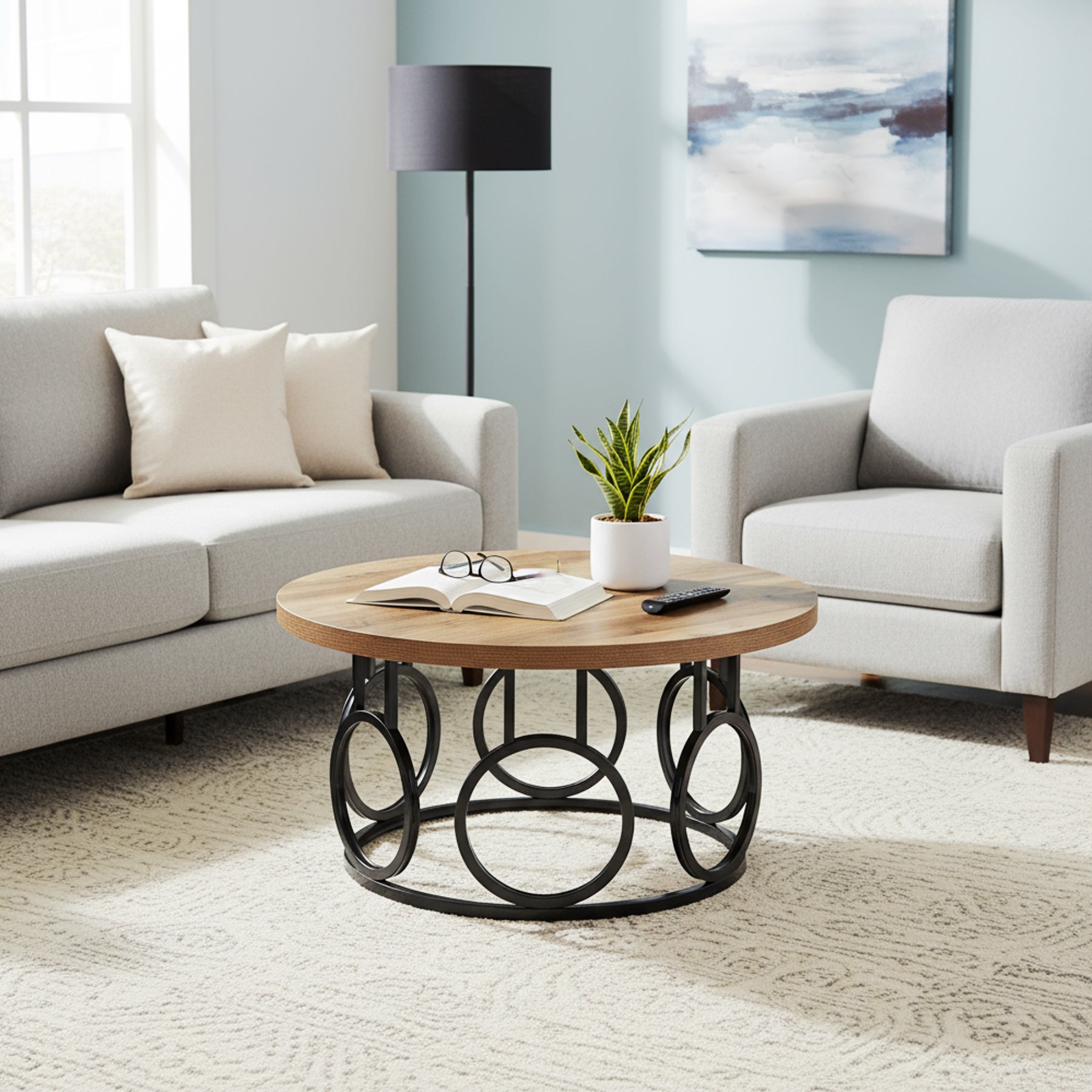 31.5-Inch Round Coffee Table, Rustic Wood Grain and Metal Base with Industrial Design